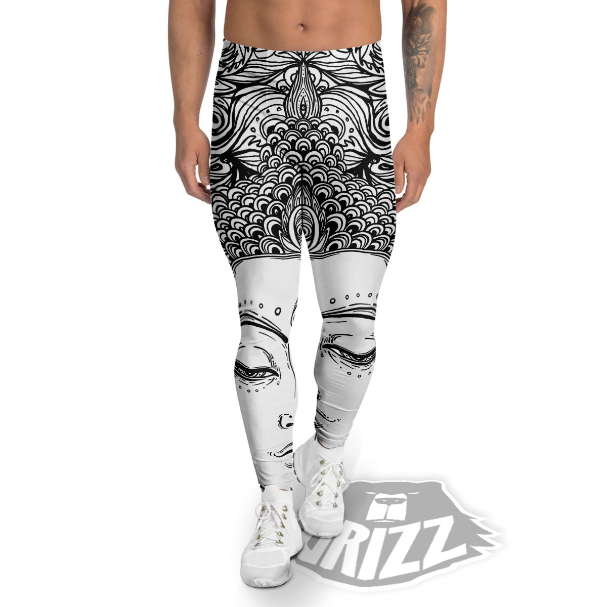 Buddha Mandala Spiritual Black White Print Men's Leggings-grizzshop
