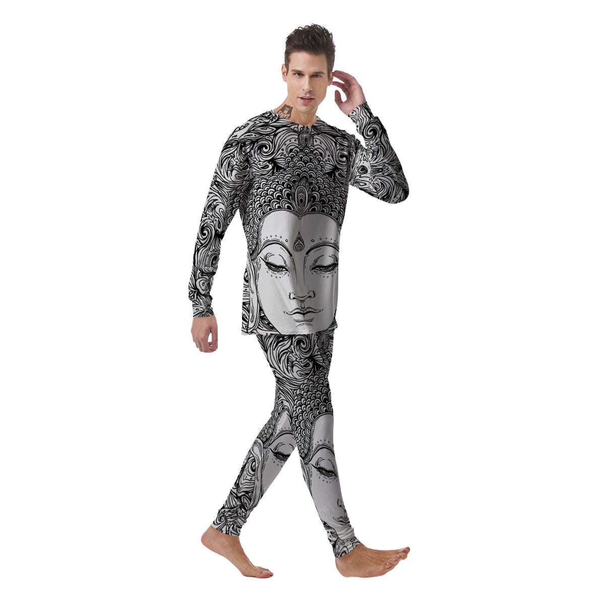 Buddha Mandala Spiritual Black White Print Men's Pajamas-grizzshop