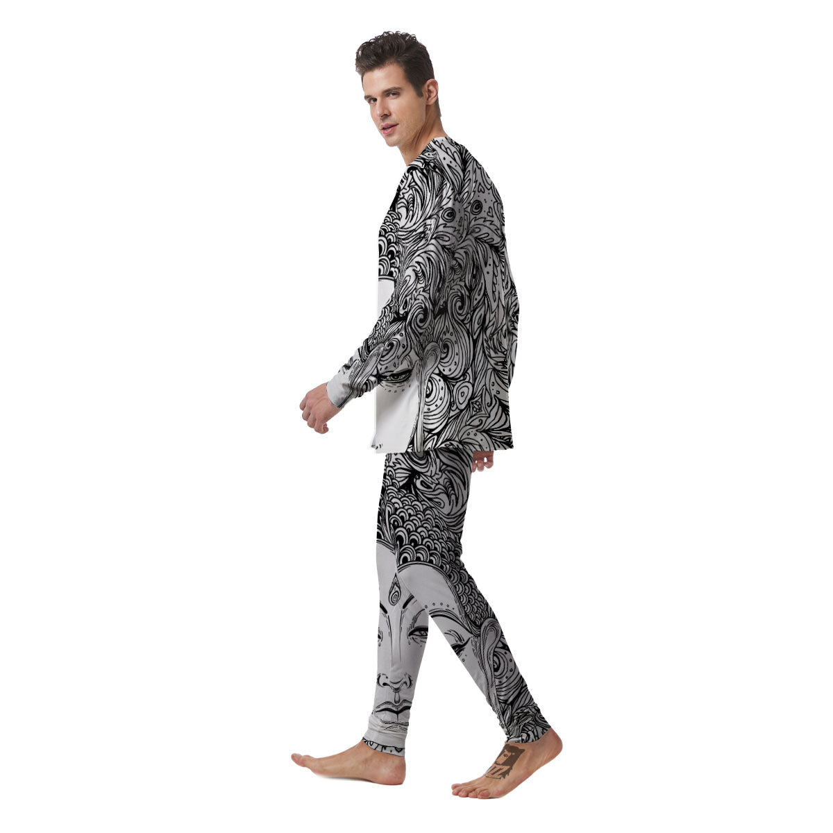 Buddha Mandala Spiritual Black White Print Men's Pajamas-grizzshop