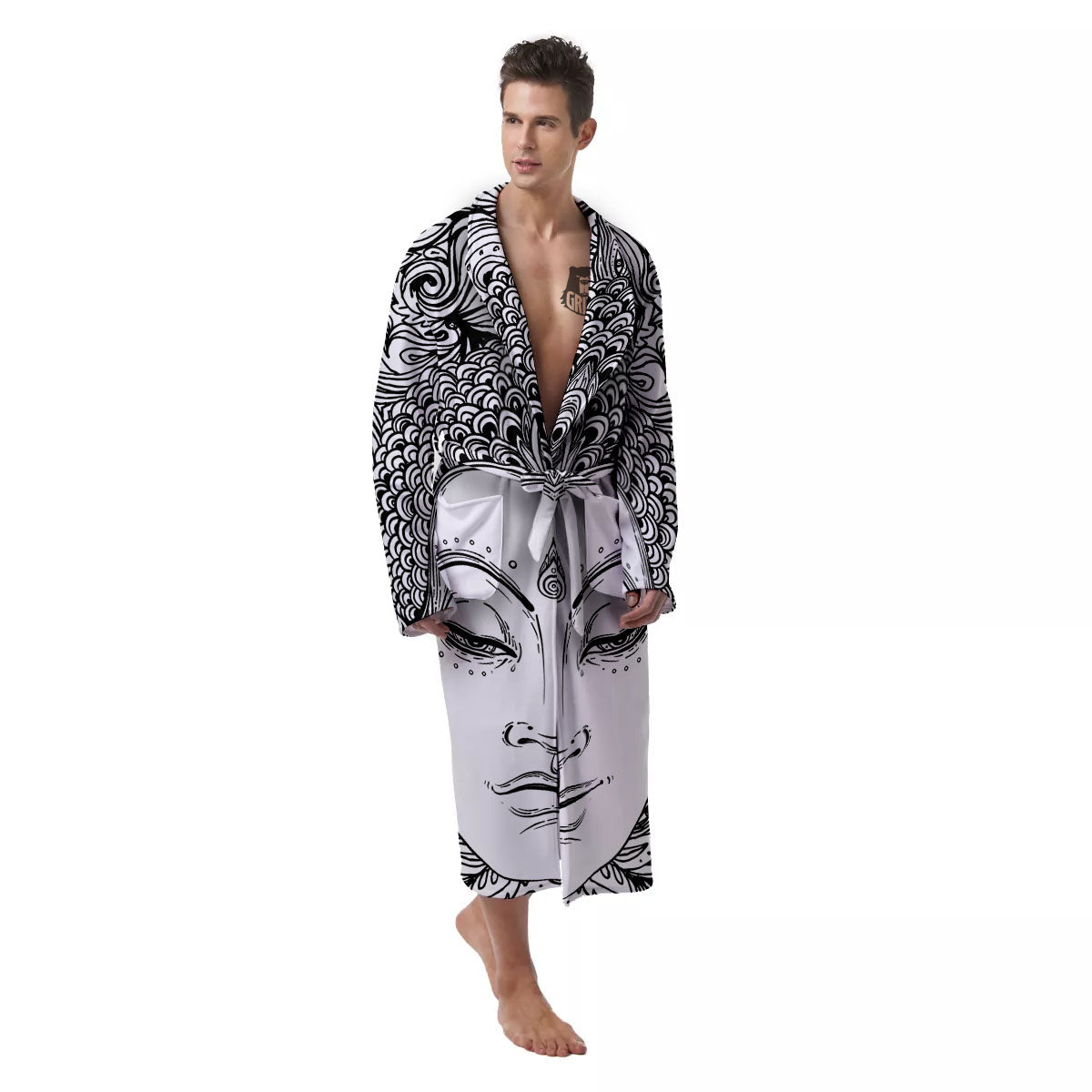 Buddha Mandala Spiritual Black White Print Men's Robe-grizzshop