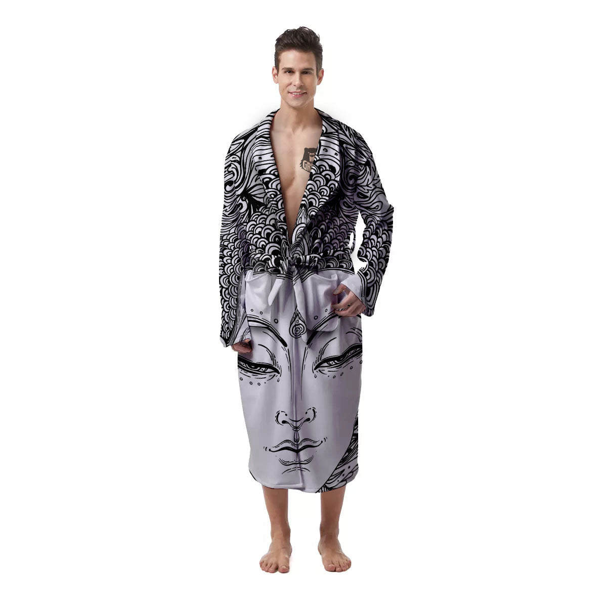 Buddha Mandala Spiritual Black White Print Men's Robe-grizzshop