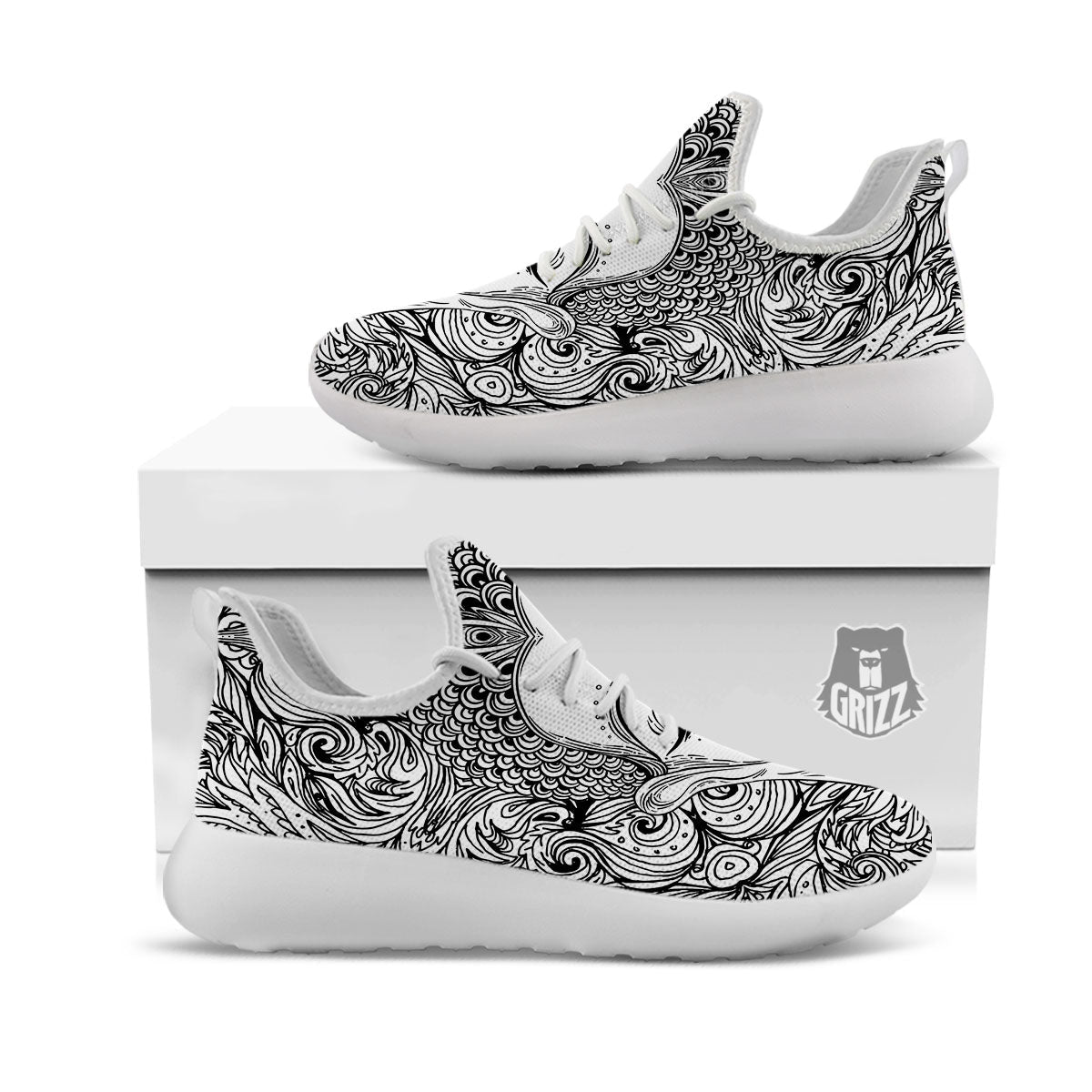 Buddha Mandala Spiritual Black White Print White Athletic Shoes-grizzshop