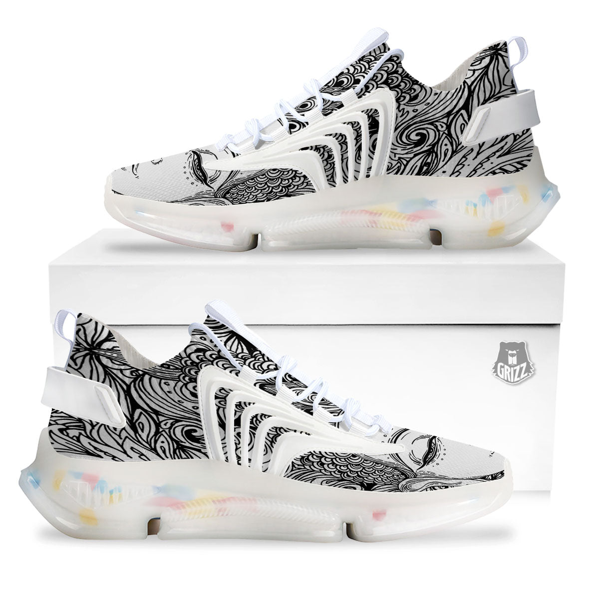 Buddha Mandala Spiritual Black White Print White Gym Shoes-grizzshop