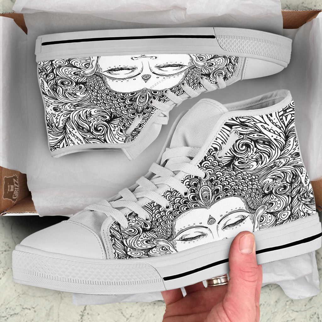 Buddha Mandala Spiritual Black White Print White High Top Shoes-grizzshop