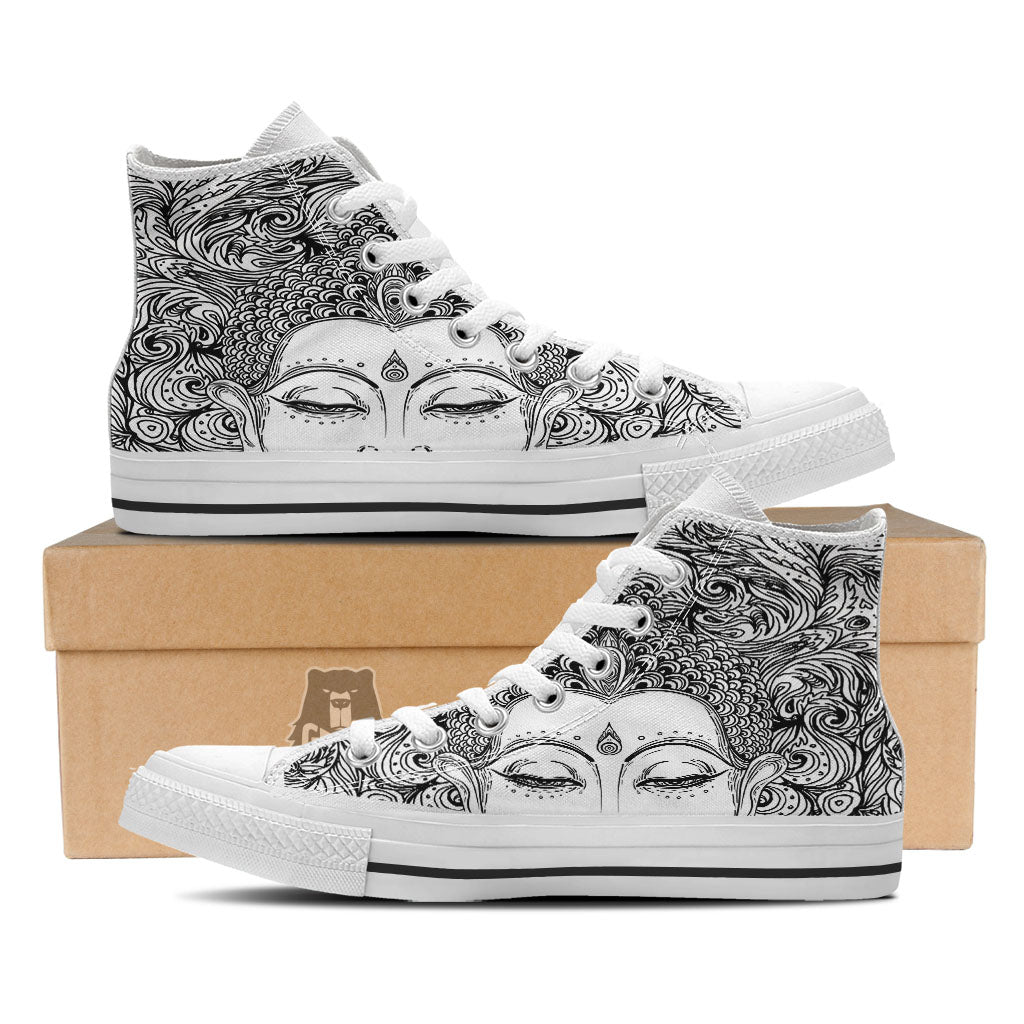 Buddha Mandala Spiritual Black White Print White High Top Shoes-grizzshop