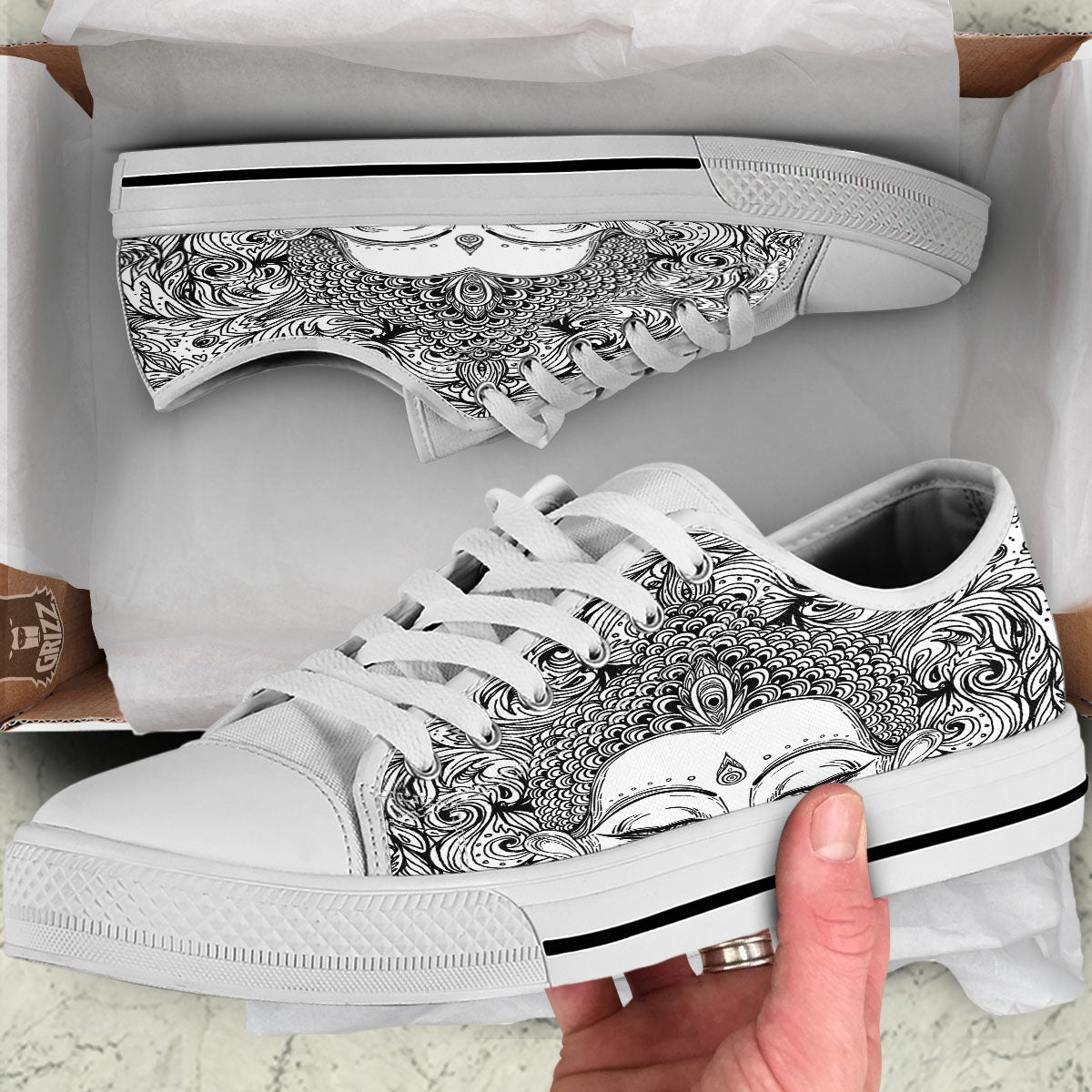Buddha Mandala Spiritual Black White Print White Low Top Shoes-grizzshop