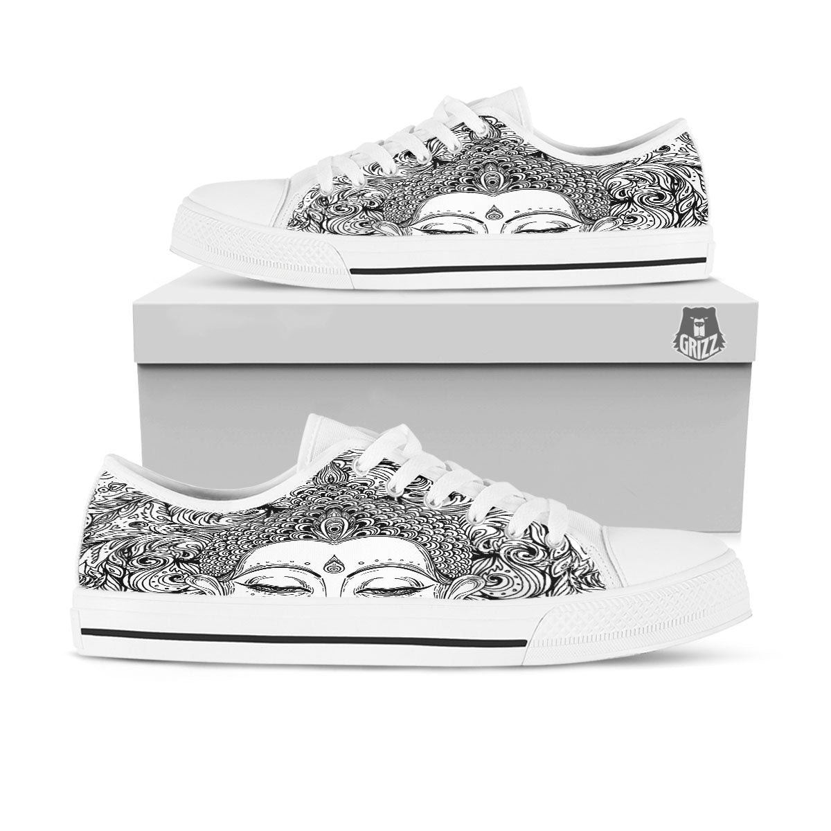 Buddha Mandala Spiritual Black White Print White Low Top Shoes-grizzshop