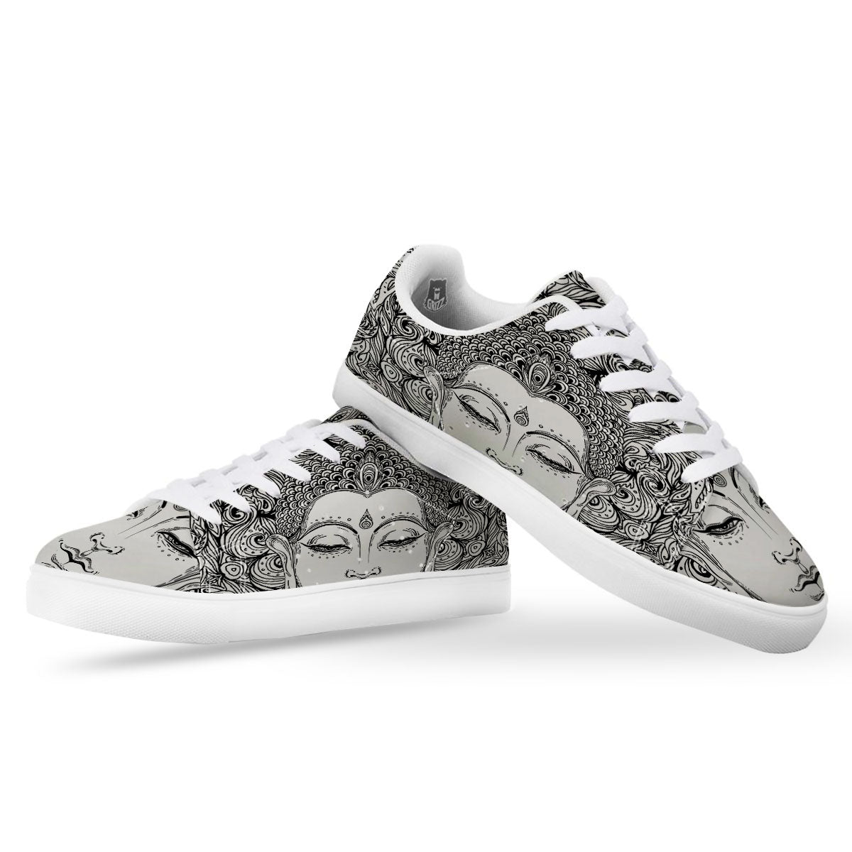 Buddha Mandala Spiritual Black White Print White Low Top Sneakers-grizzshop