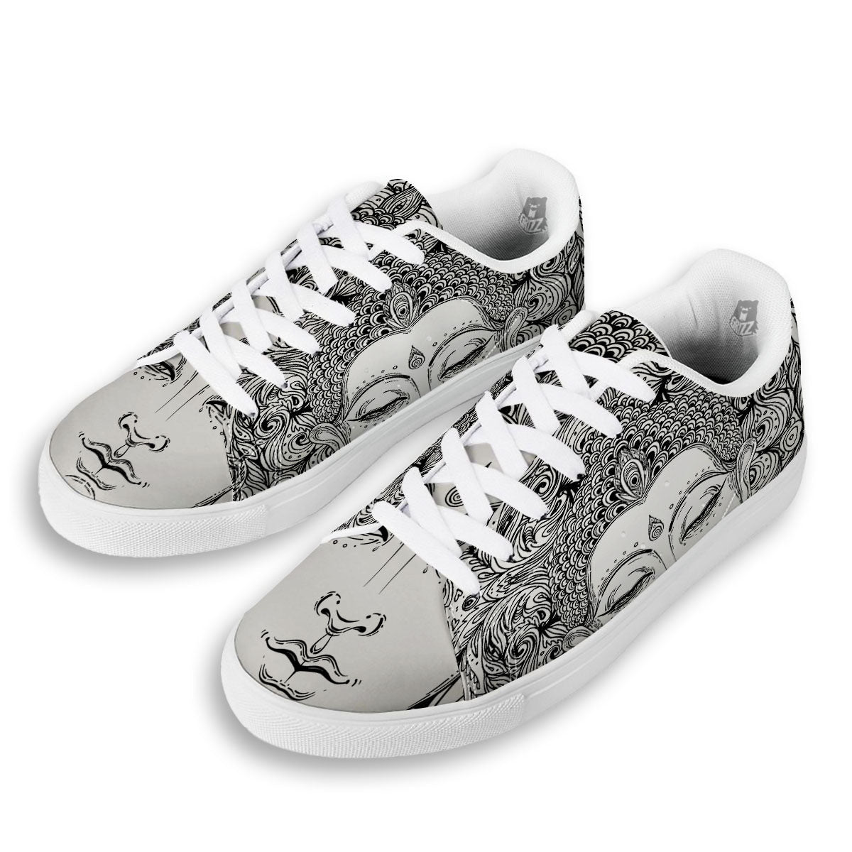 Buddha Mandala Spiritual Black White Print White Low Top Sneakers-grizzshop