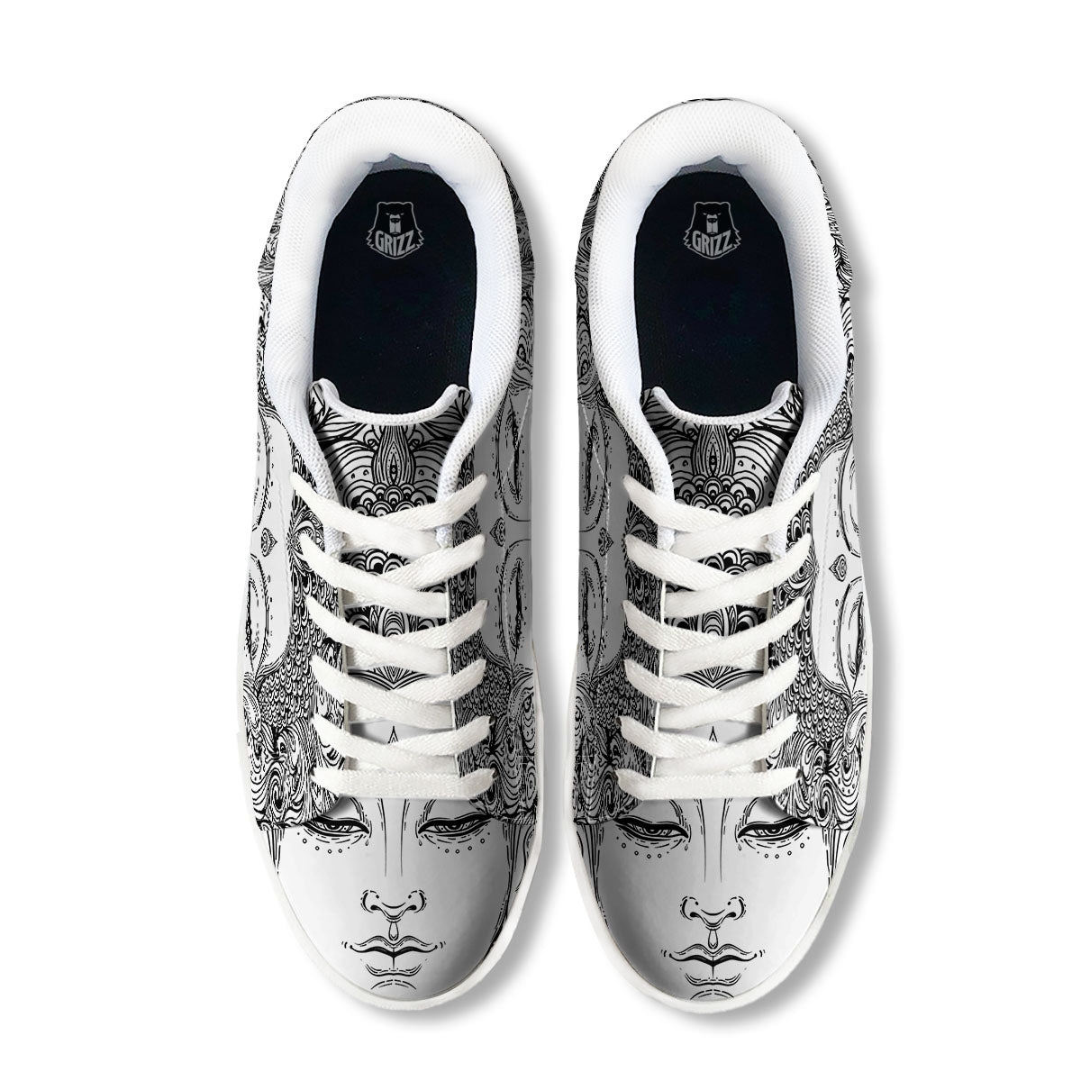 Buddha Mandala Spiritual Black White Print White Low Top Sneakers-grizzshop