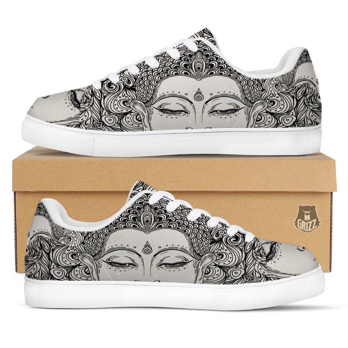 Buddha Mandala Spiritual Black White Print White Low Top Sneakers-grizzshop