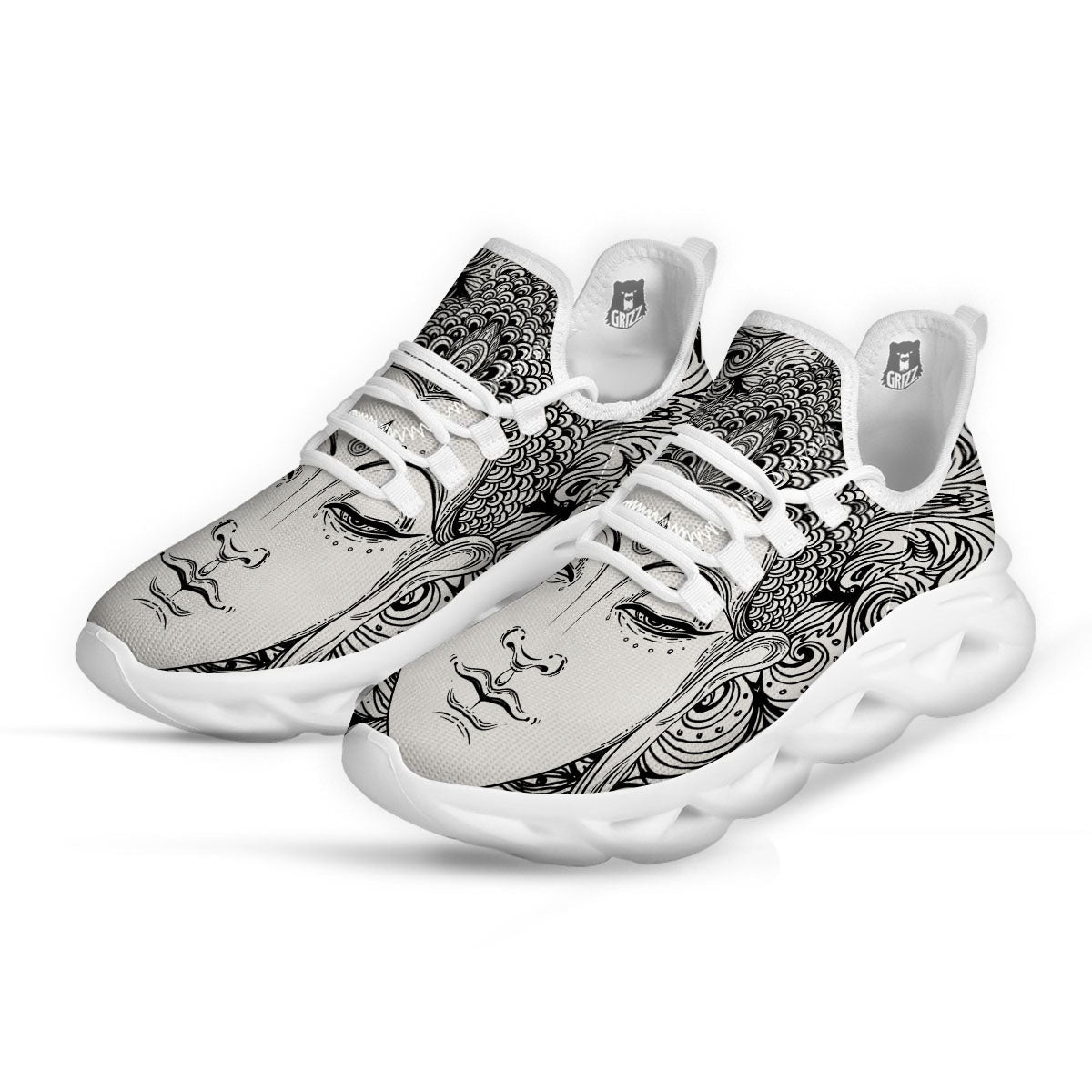 Buddha Mandala Spiritual Black White Print White Running Shoes-grizzshop