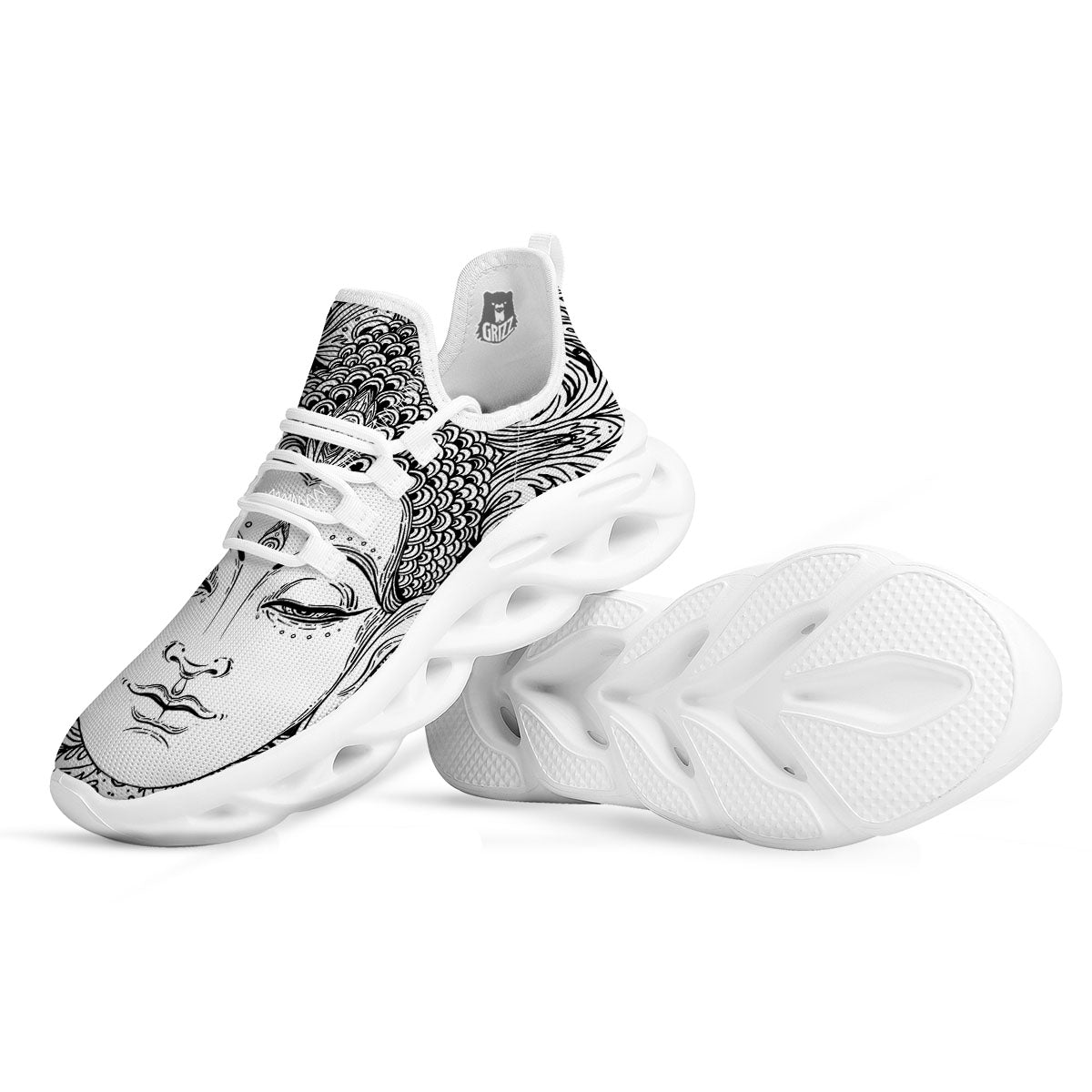 Buddha Mandala Spiritual Black White Print White Running Shoes-grizzshop