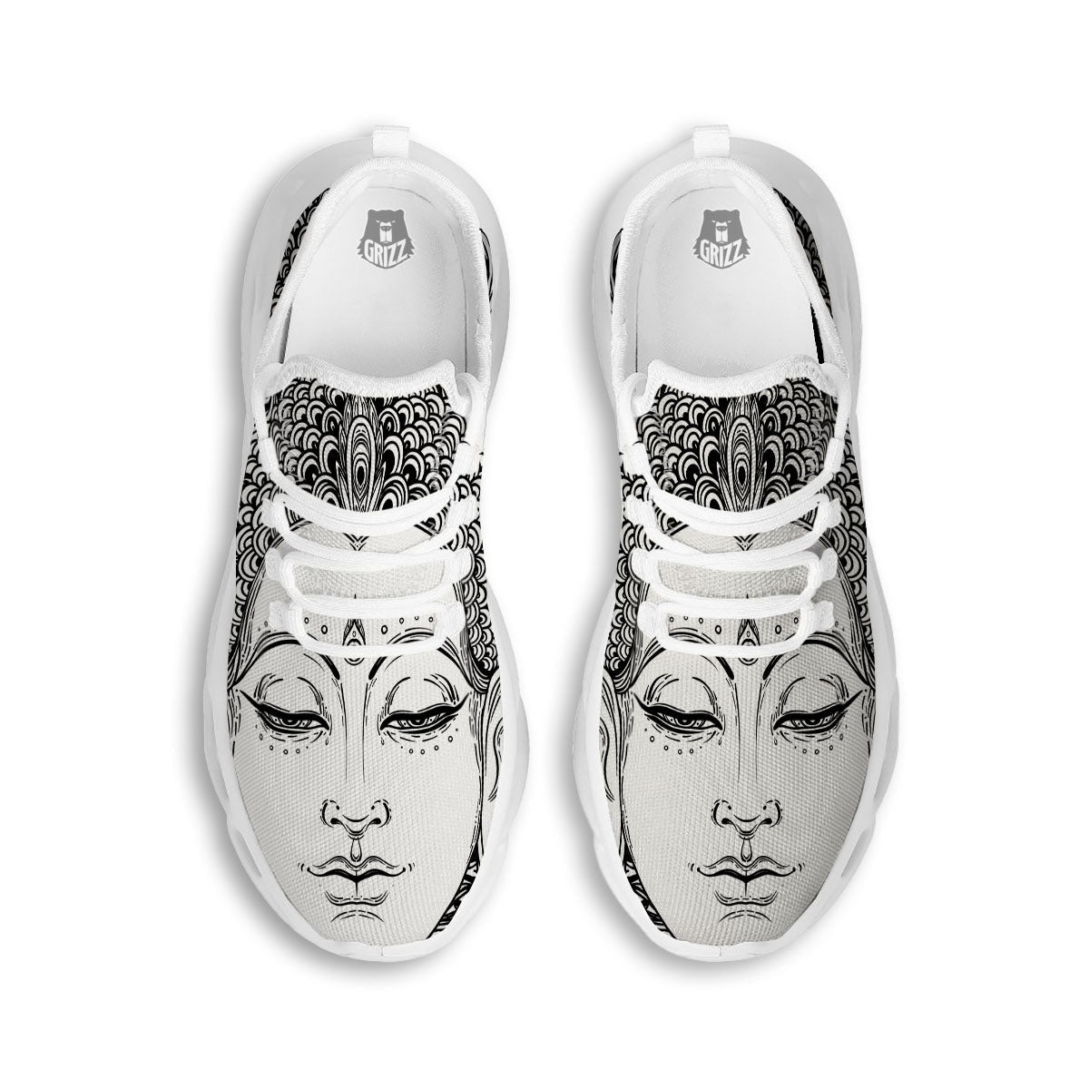 Buddha Mandala Spiritual Black White Print White Running Shoes-grizzshop