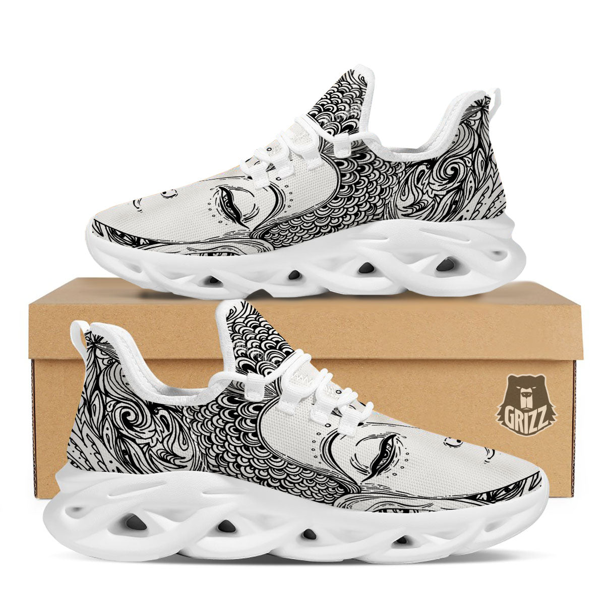 Buddha Mandala Spiritual Black White Print White Running Shoes-grizzshop