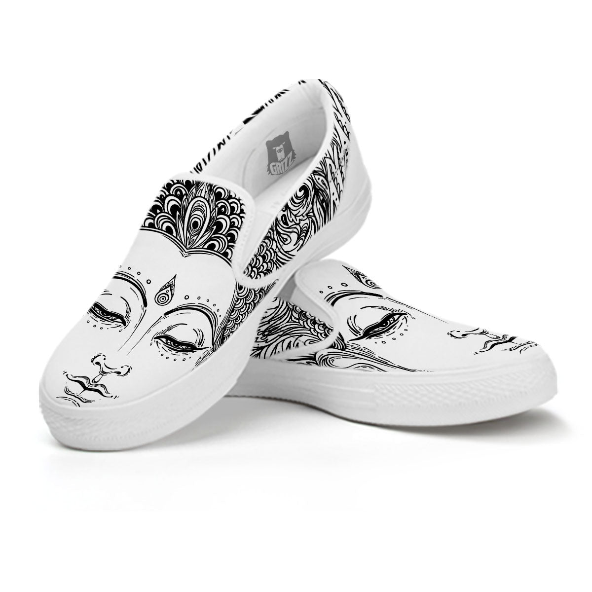 Buddha Mandala Spiritual Black White Print White Slip On Shoes-grizzshop