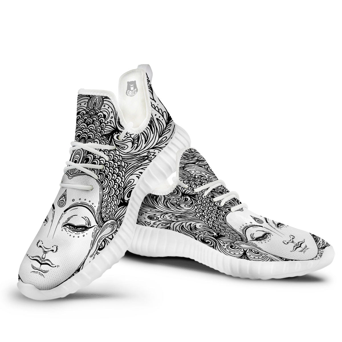 Buddha Mandala Spiritual Black White Print White Walking Shoes-grizzshop