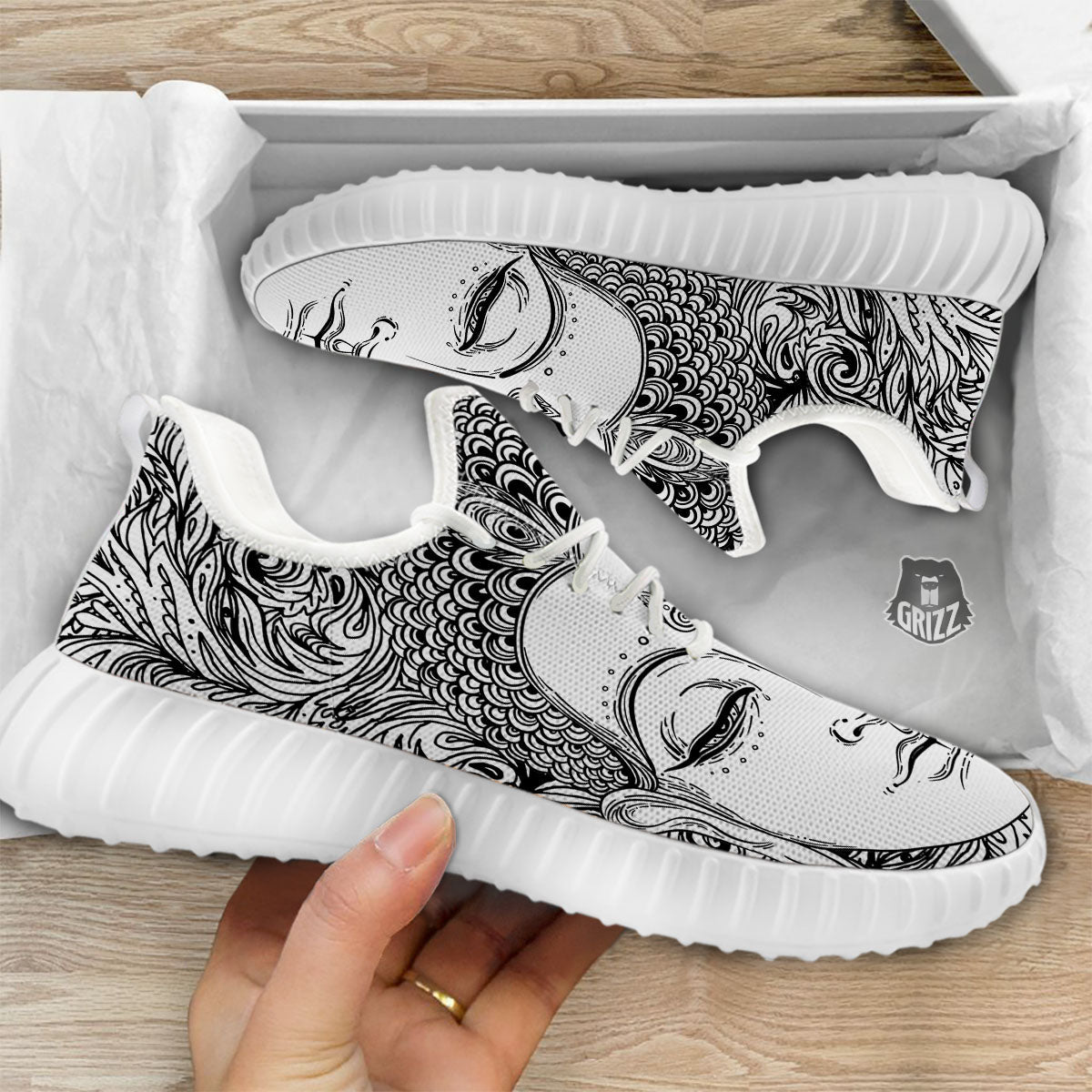 Buddha Mandala Spiritual Black White Print White Walking Shoes-grizzshop