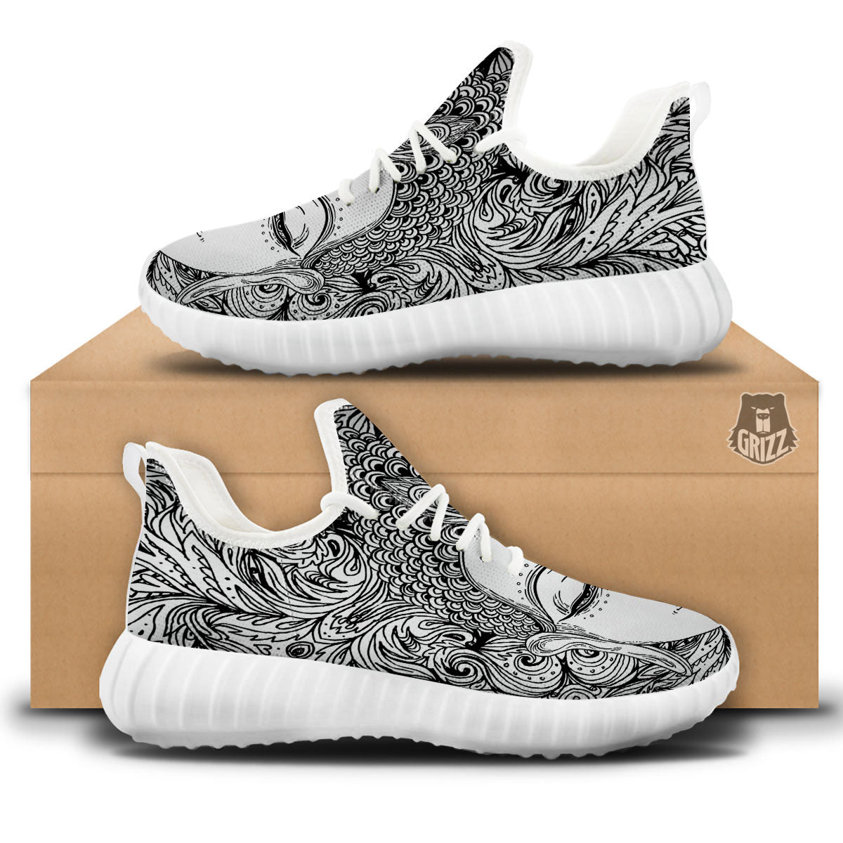 Buddha Mandala Spiritual Black White Print White Walking Shoes-grizzshop