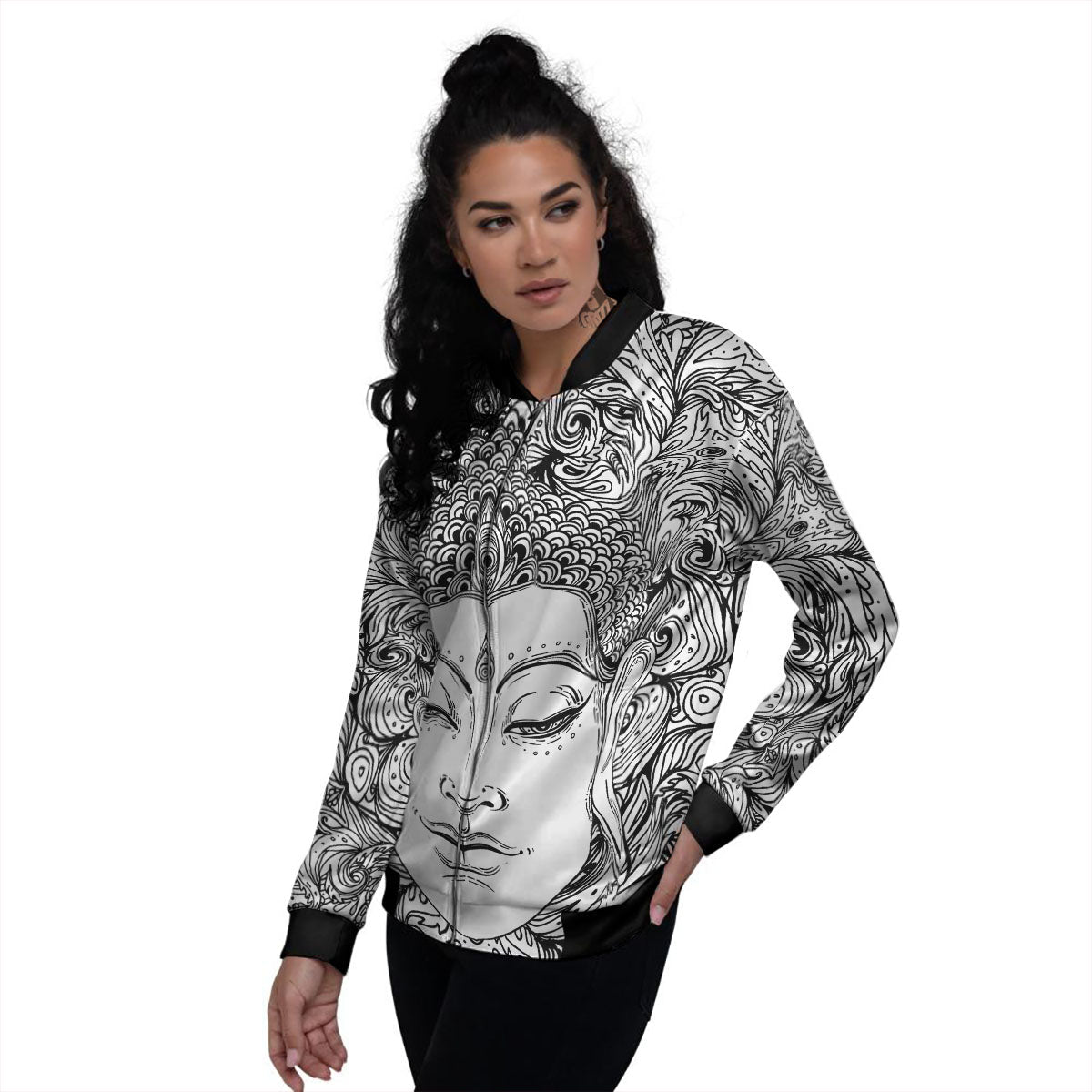Buddha Mandala Spiritual Black White Print Women's Bomber Jacket-grizzshop