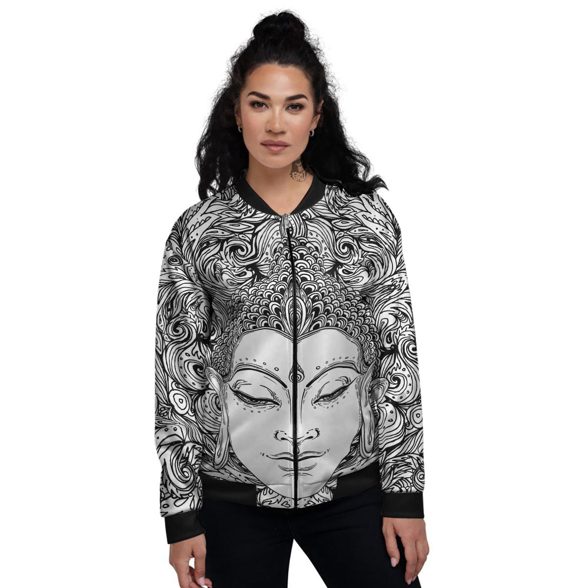 Buddha Mandala Spiritual Black White Print Women's Bomber Jacket-grizzshop