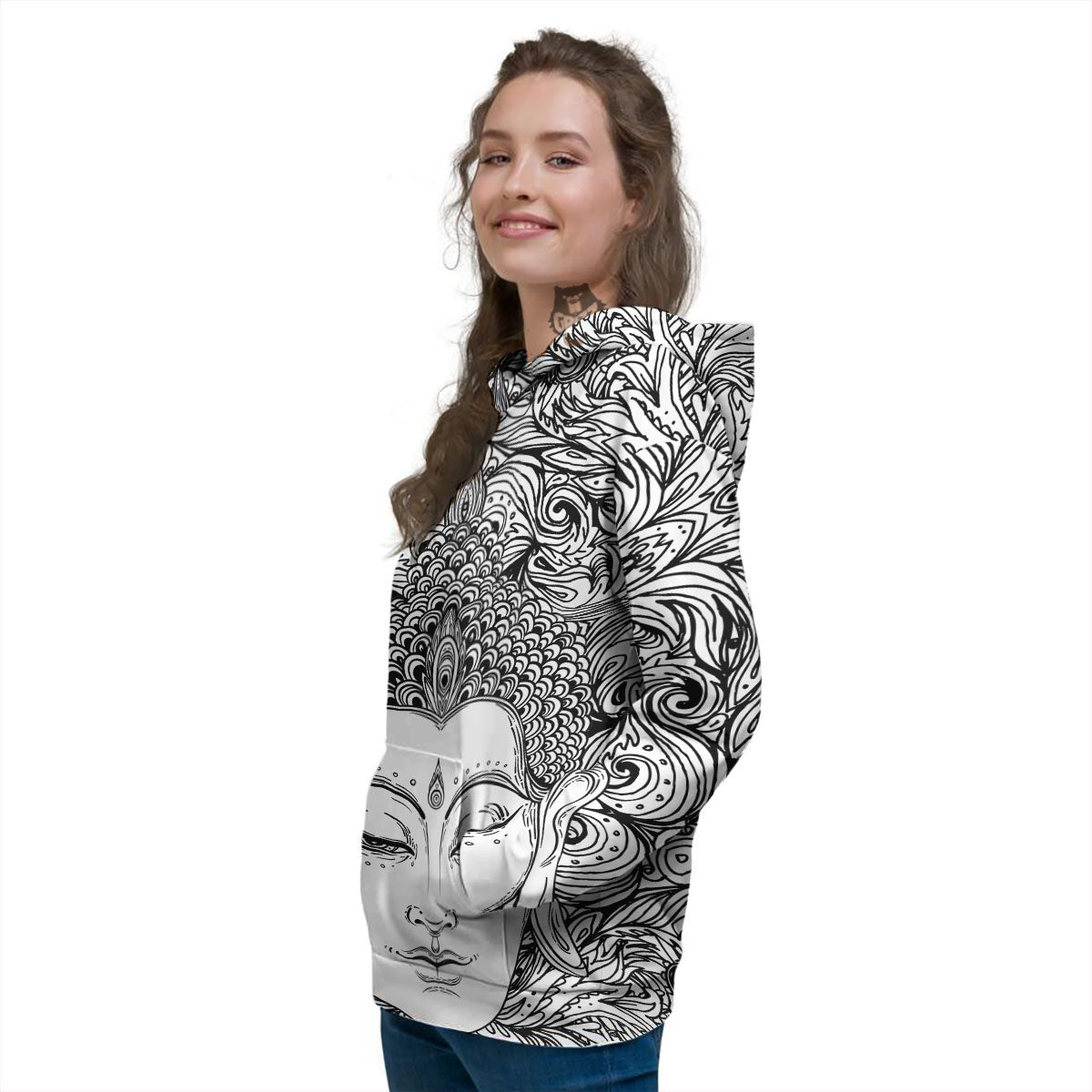 Buddha Mandala Spiritual Black White Print Women's Hoodie-grizzshop