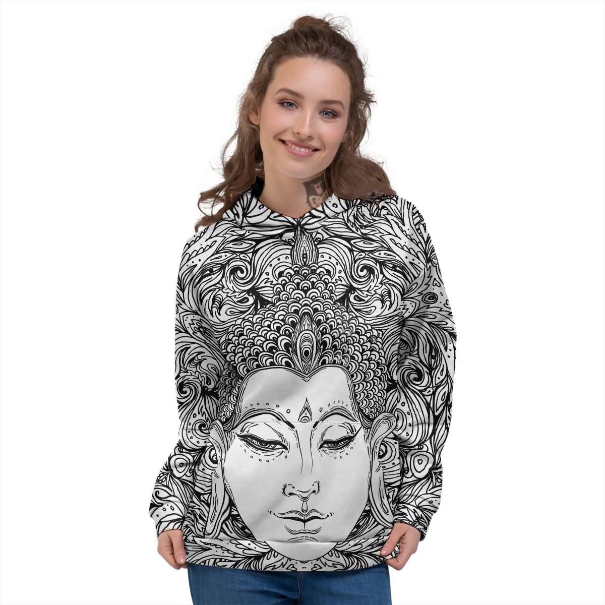 Buddha Mandala Spiritual Black White Print Women's Hoodie-grizzshop