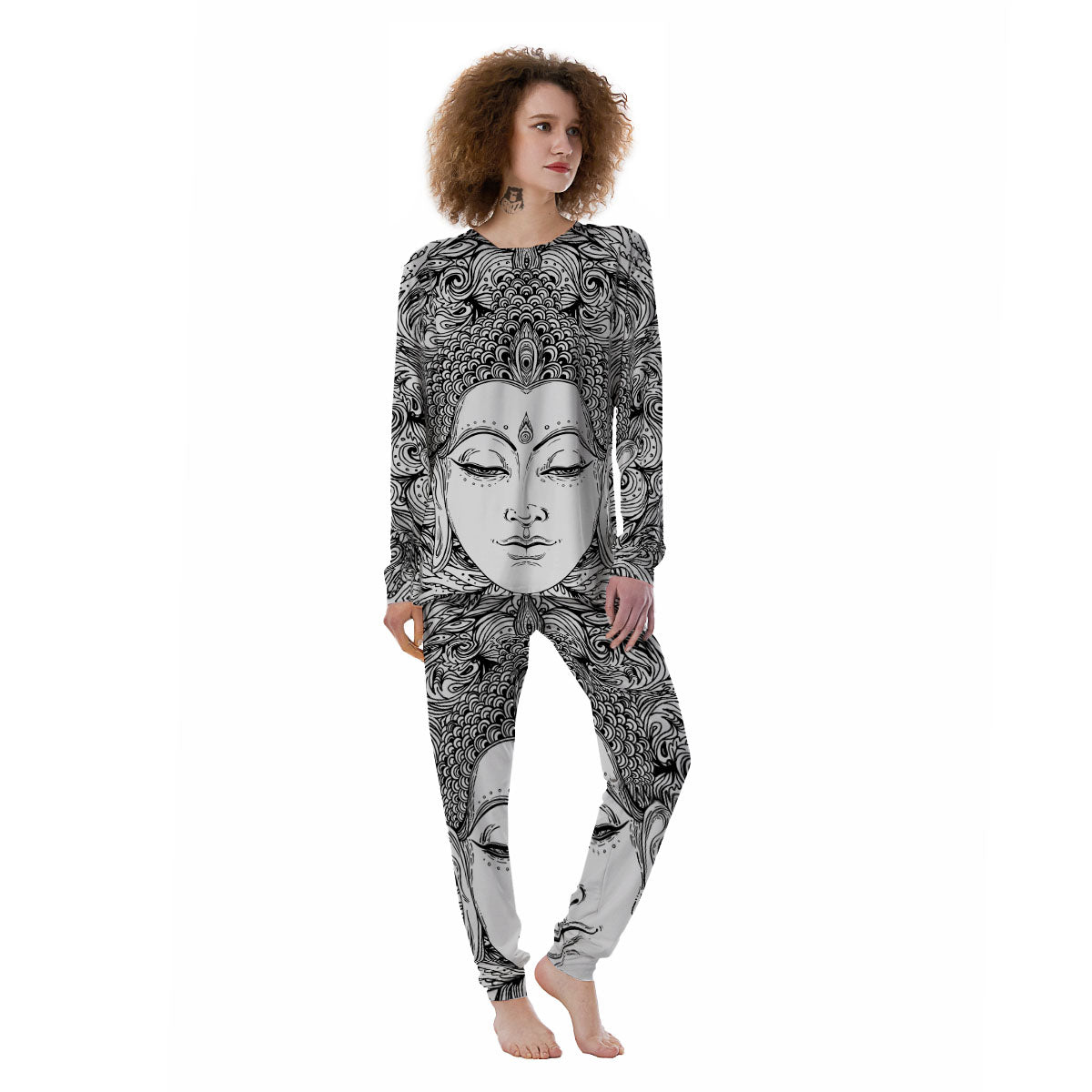 Buddha Mandala Spiritual Black White Print Women's Pajamas-grizzshop
