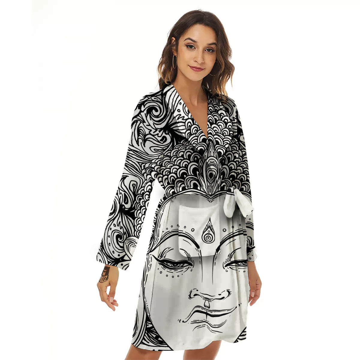 Buddha Mandala Spiritual Black White Print Women's Robe-grizzshop