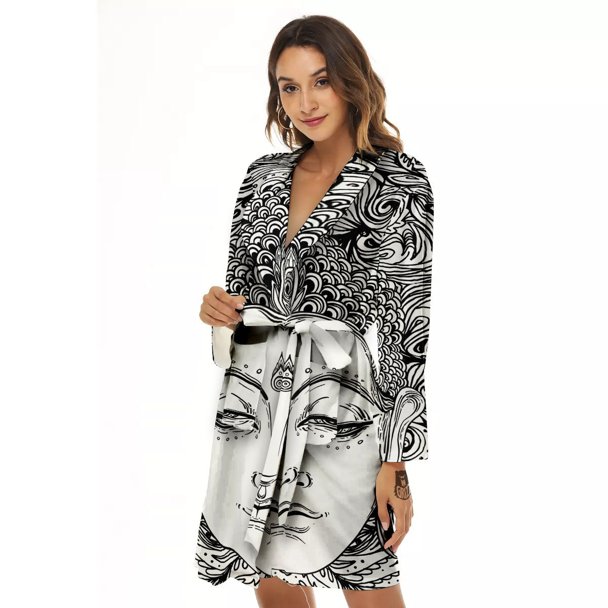 Buddha Mandala Spiritual Black White Print Women's Robe-grizzshop