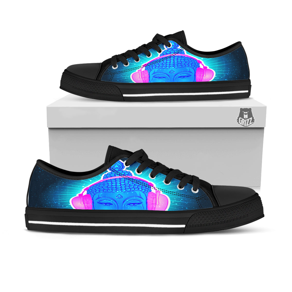 Buddha Psychedelic Print Black Low Top Shoes-grizzshop