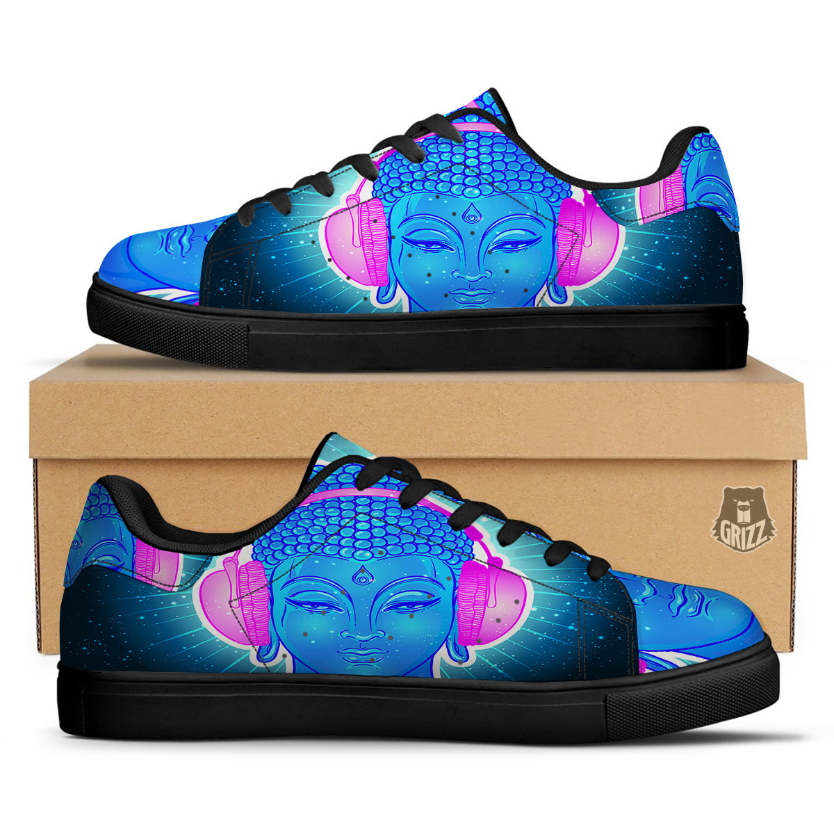 Buddha Psychedelic Print Black Low Top Sneakers-grizzshop