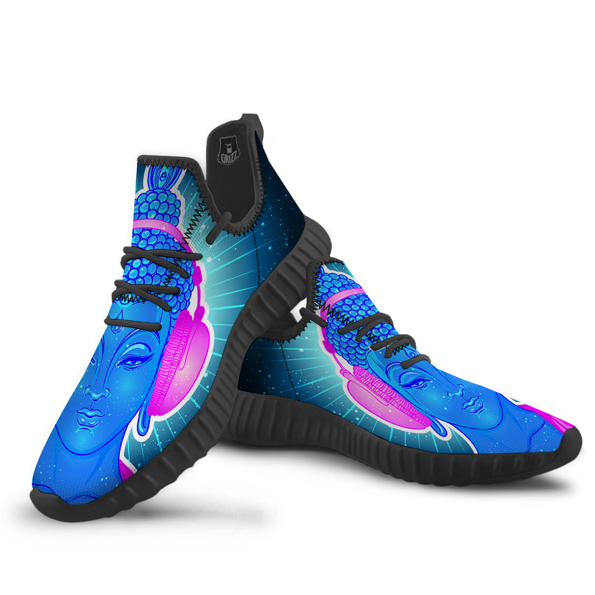 Buddha Psychedelic Print Black Walking Shoes-grizzshop