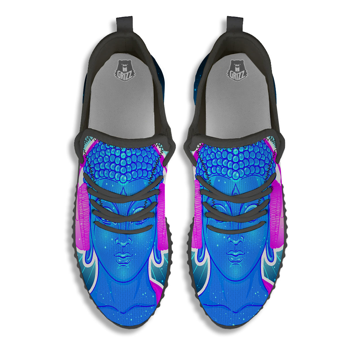Buddha Psychedelic Print Black Walking Shoes-grizzshop