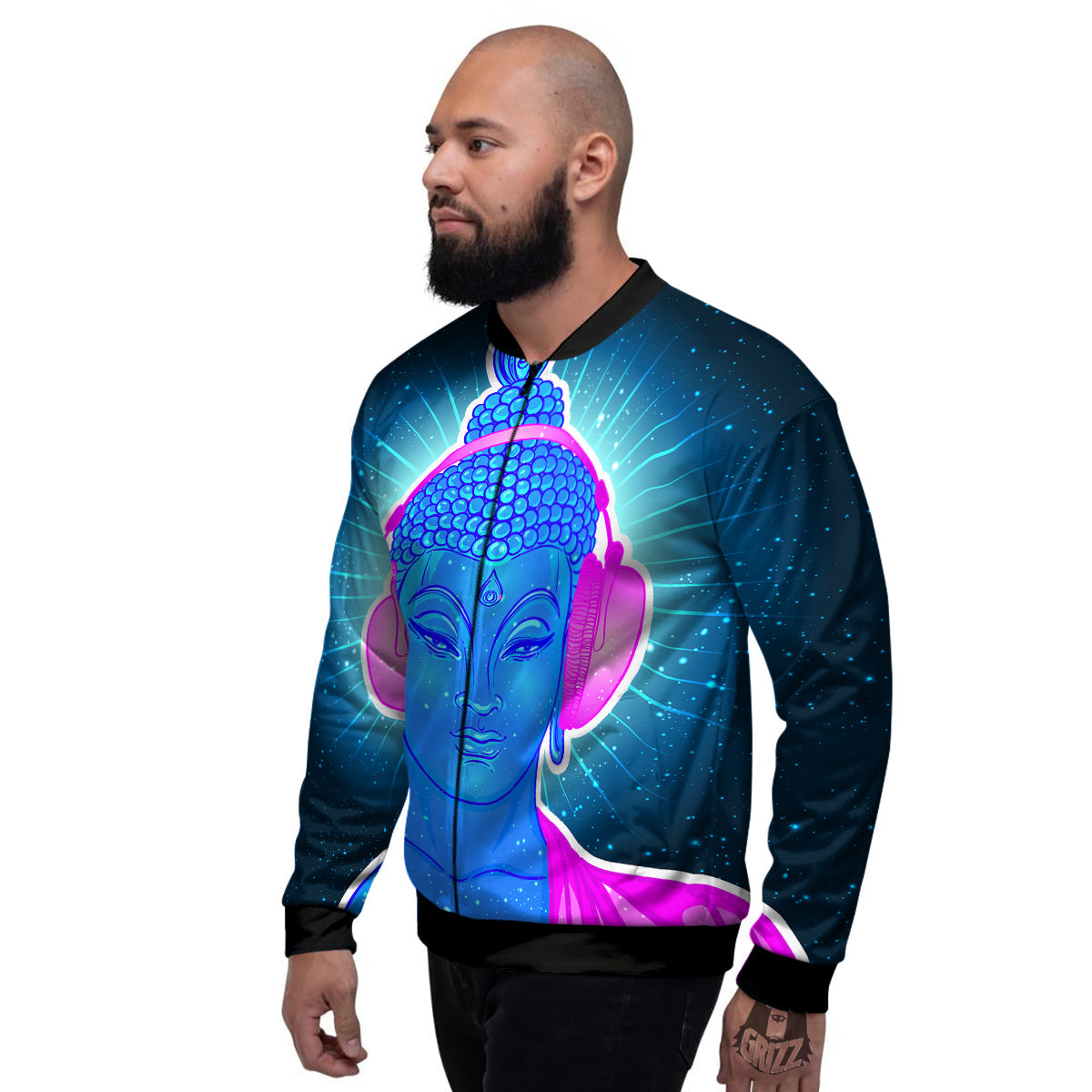 Buddha Psychedelic Print Men's Bomber Jacket-grizzshop