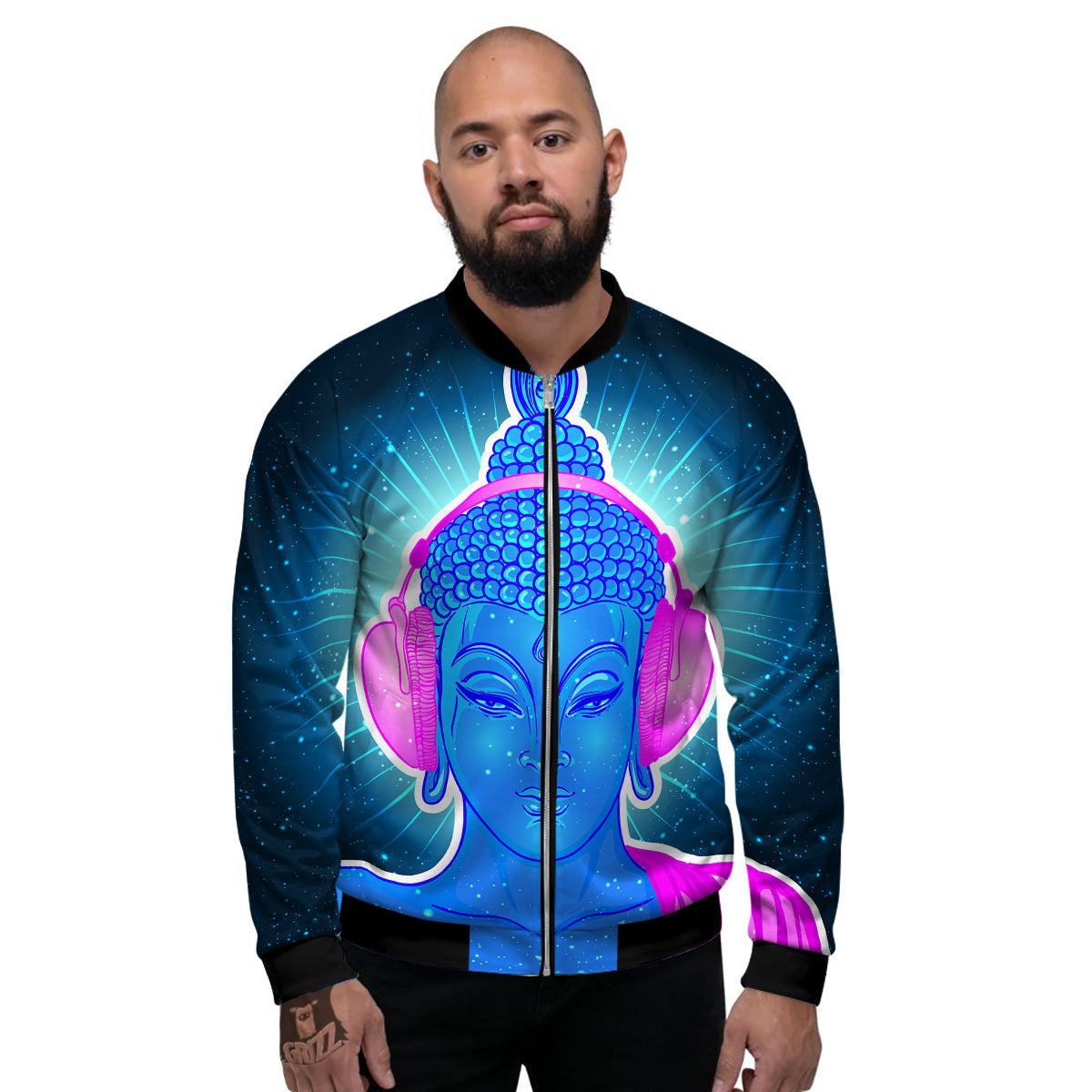 Buddha Psychedelic Print Men's Bomber Jacket-grizzshop