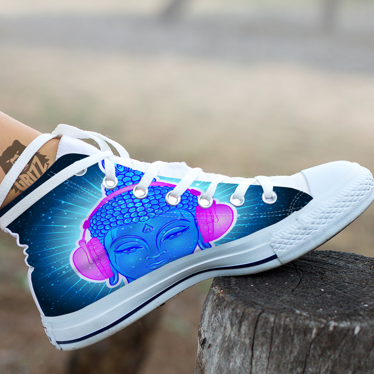 Buddha Psychedelic Print White High Top Shoes-grizzshop