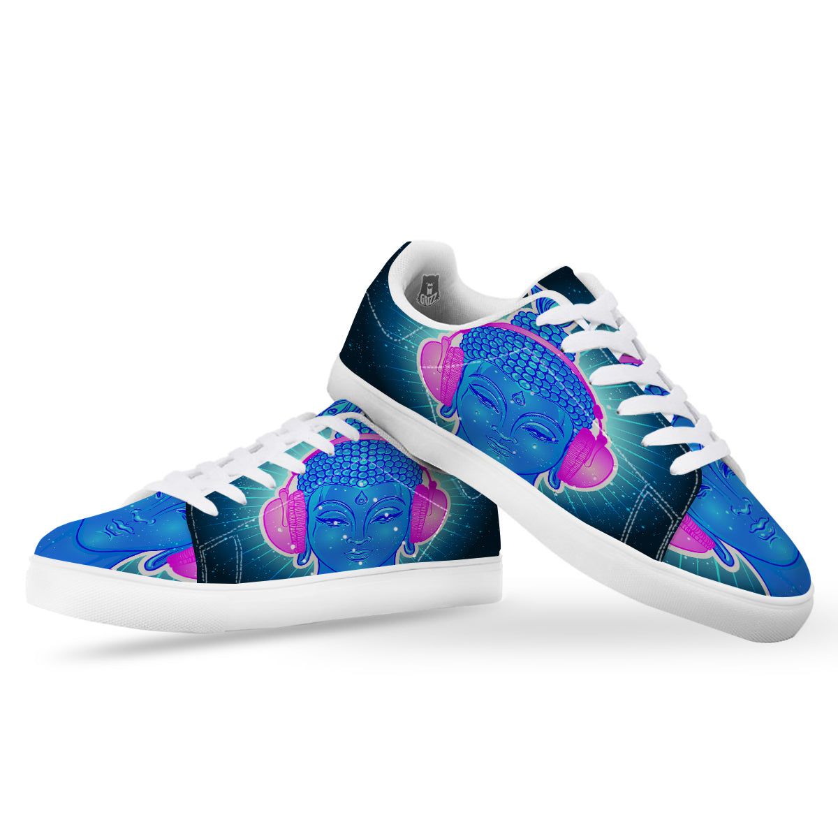 Buddha Psychedelic Print White Low Top Sneakers-grizzshop