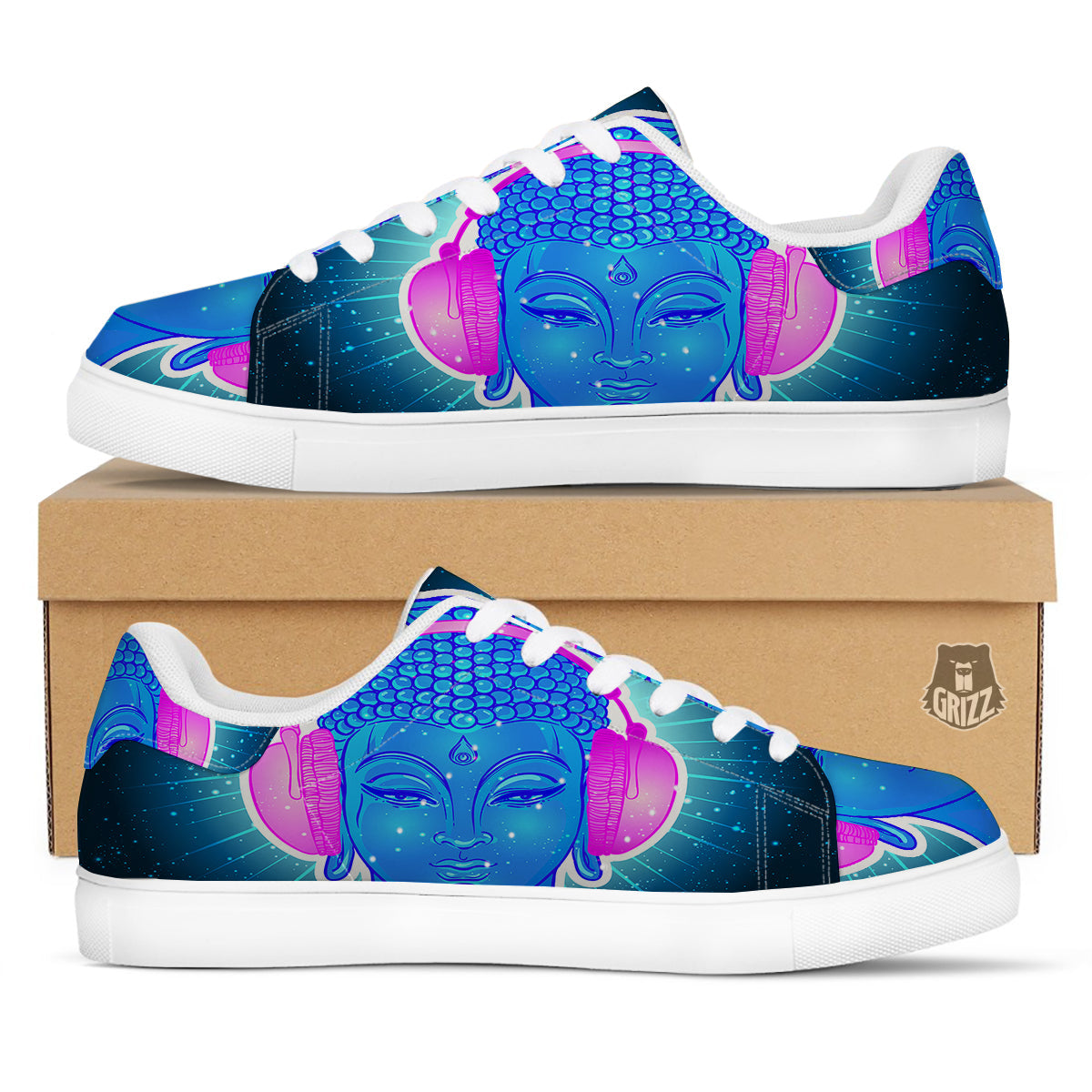 Buddha Psychedelic Print White Low Top Sneakers-grizzshop