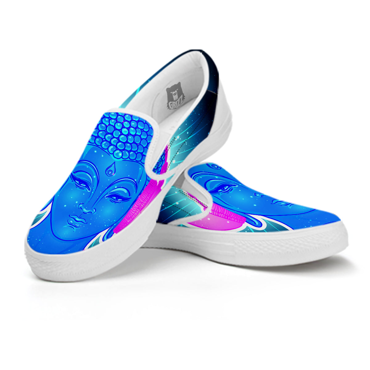 Buddha Psychedelic Print White Slip On Shoes-grizzshop