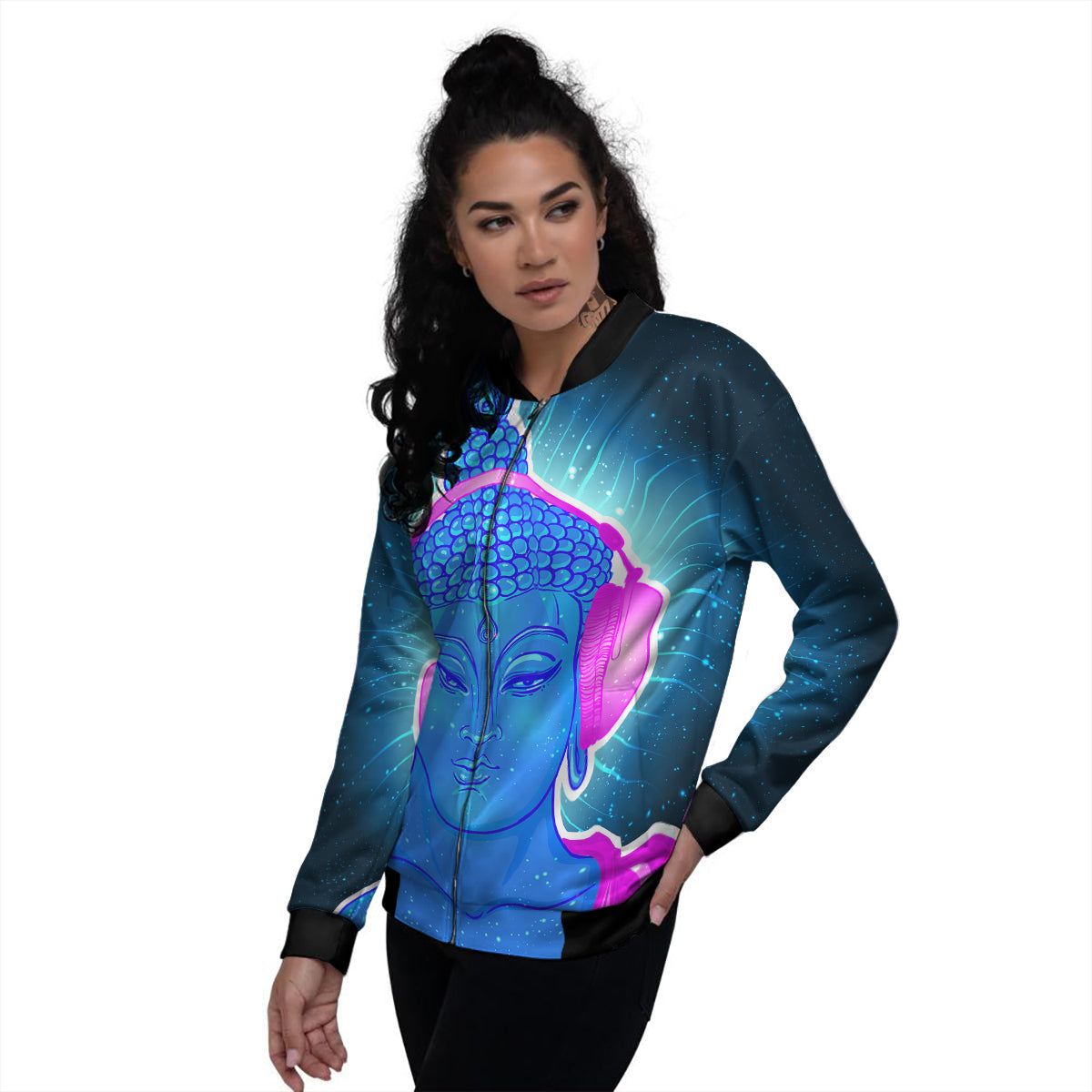 Buddha Psychedelic Print Women's Bomber Jacket-grizzshop