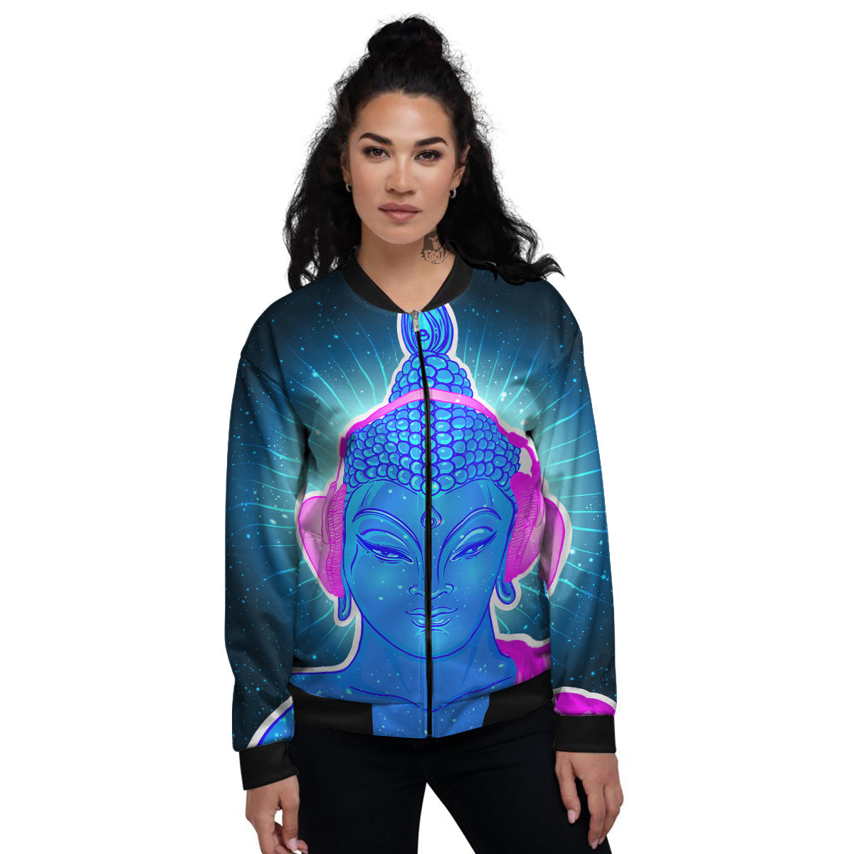 Buddha Psychedelic Print Women's Bomber Jacket-grizzshop