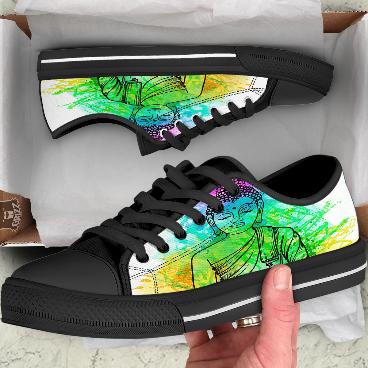 Buddha Reggae Print Black Low Top Shoes-grizzshop