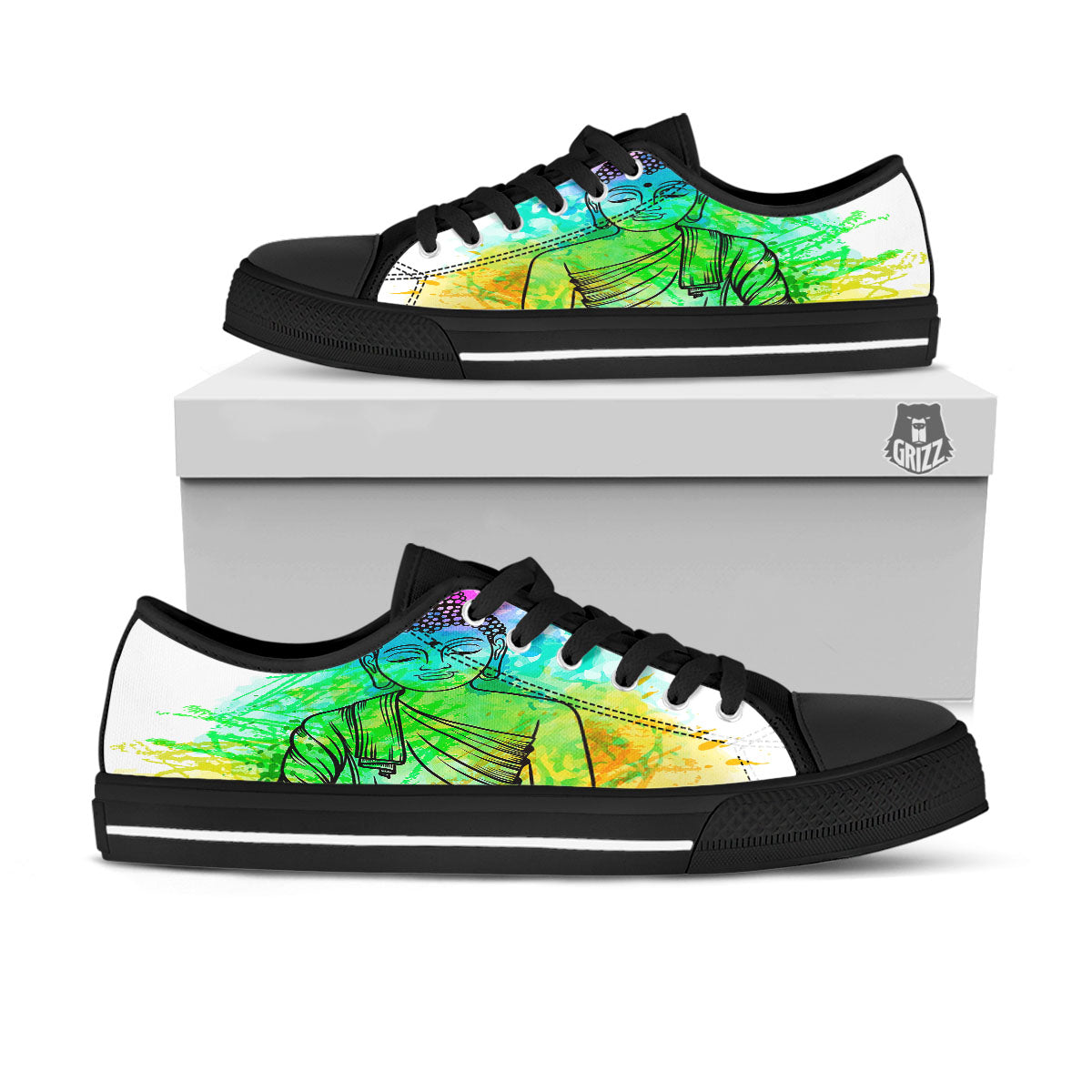 Buddha Reggae Print Black Low Top Shoes-grizzshop