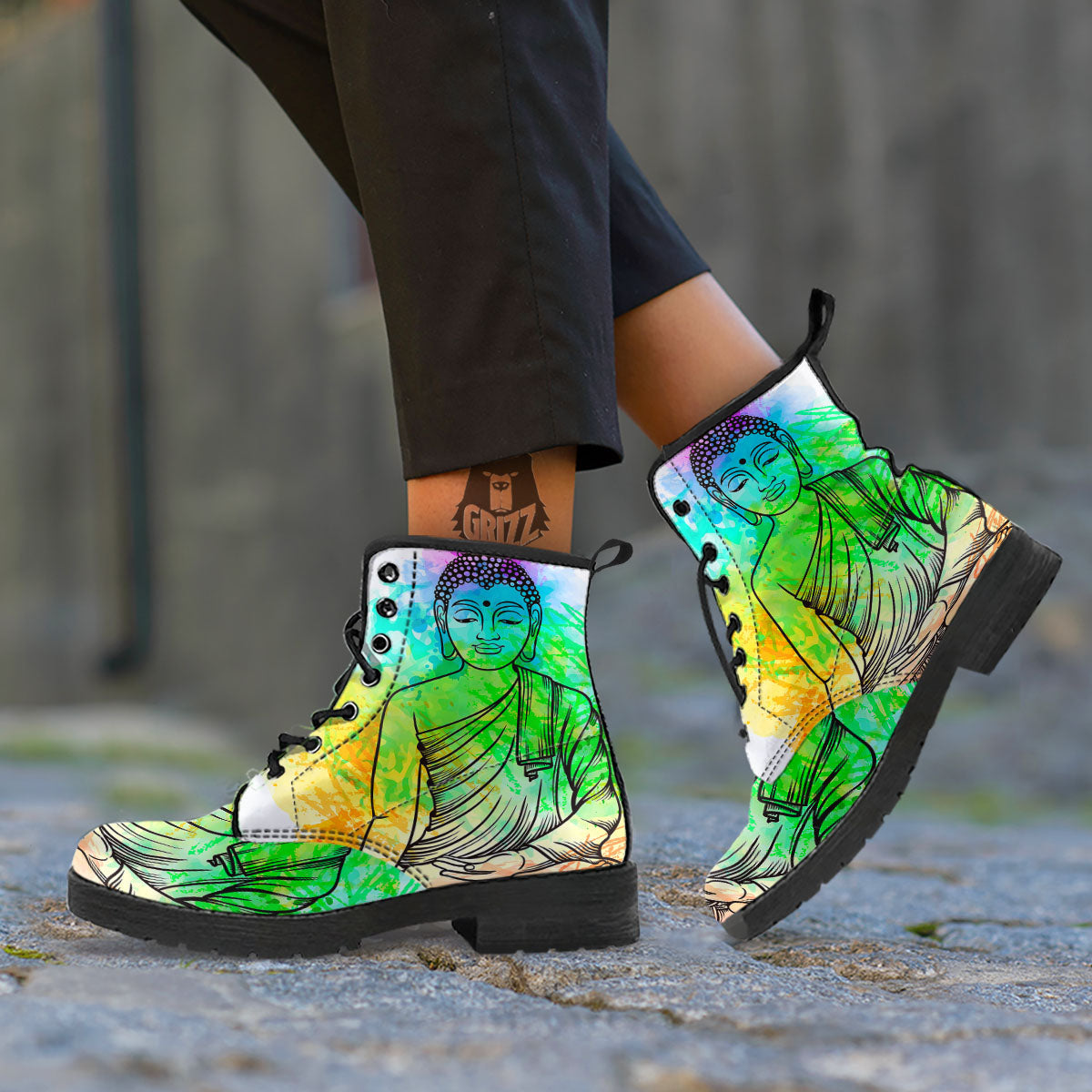 Buddha Reggae Print Leather Boots-grizzshop