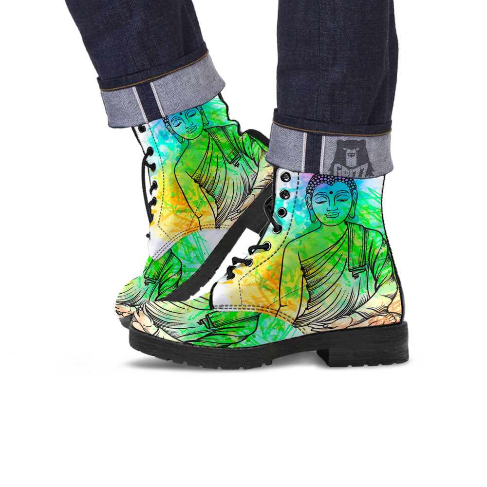 Buddha Reggae Print Leather Boots-grizzshop