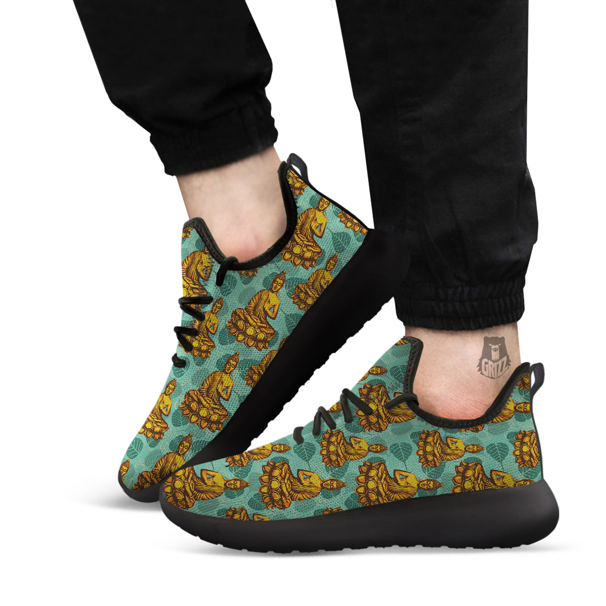 Buddha Sits On The Leaf Print Pattern Black Athletic Shoes-grizzshop