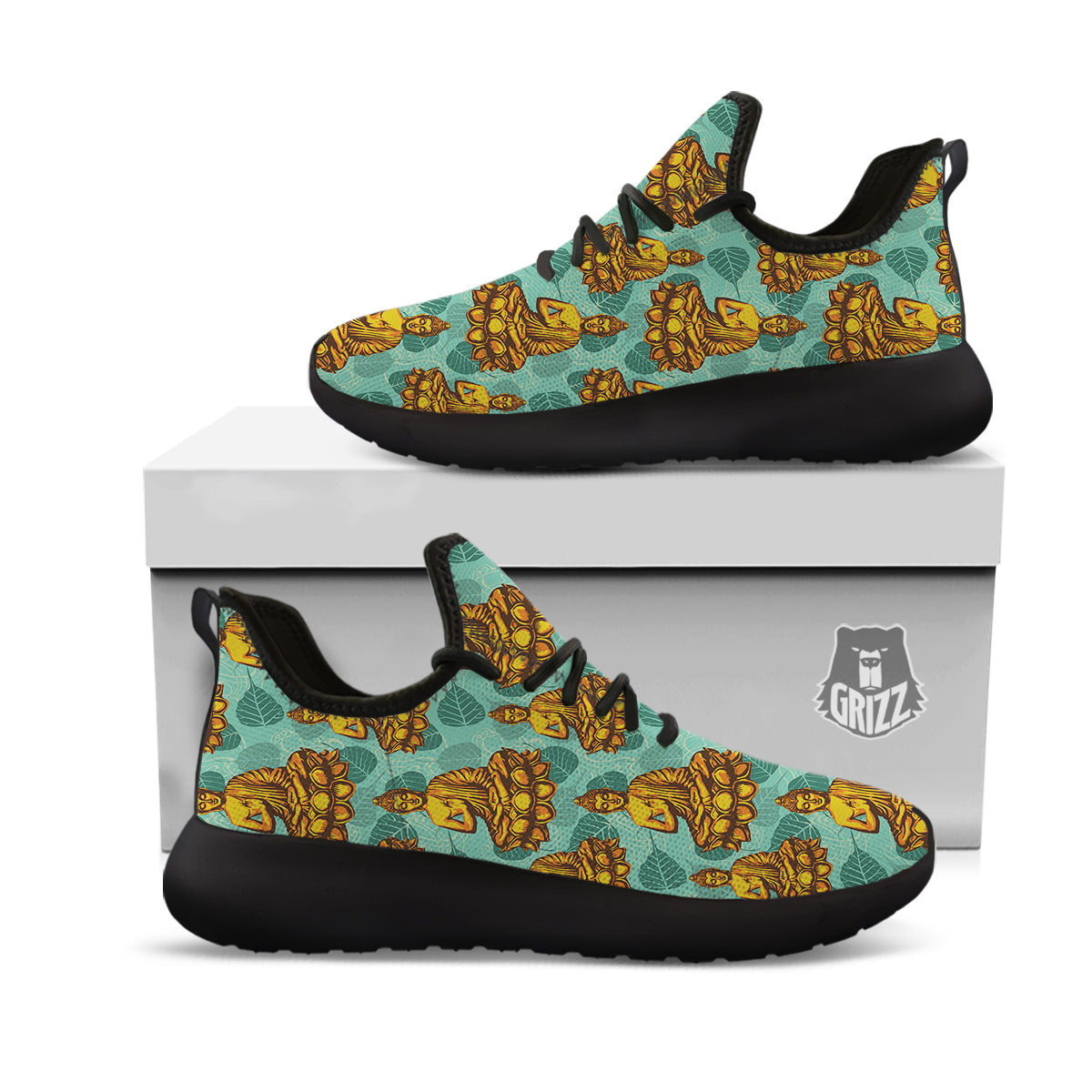 Buddha Sits On The Leaf Print Pattern Black Athletic Shoes-grizzshop