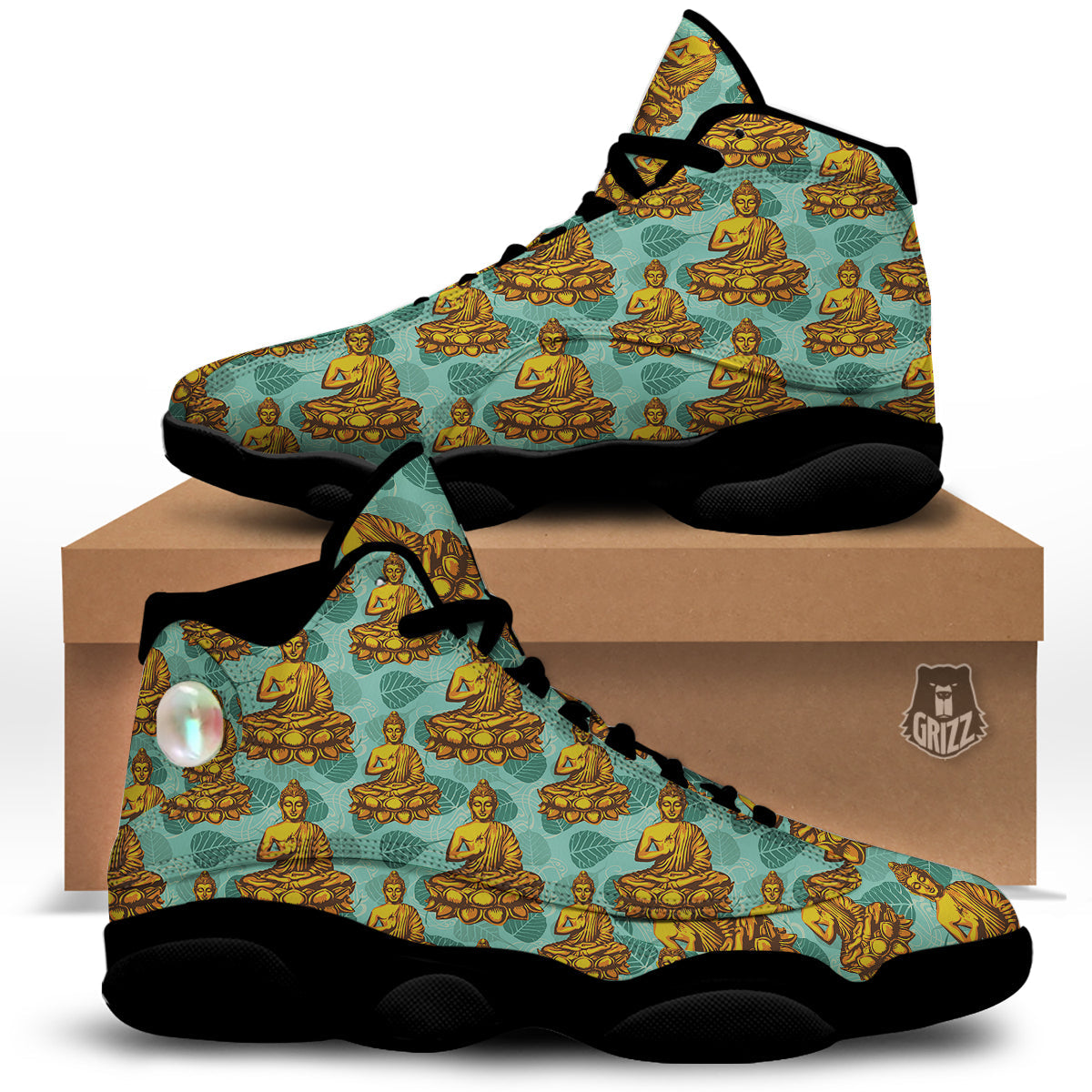 Buddha Sits On The Leaf Print Pattern Black Basketball Shoes-grizzshop