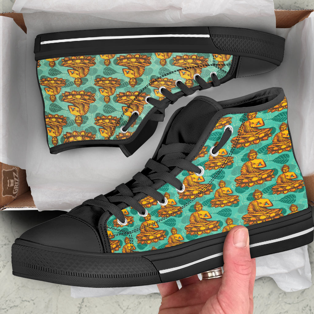 Buddha Sits On The Leaf Print Pattern Black High Top Shoes-grizzshop